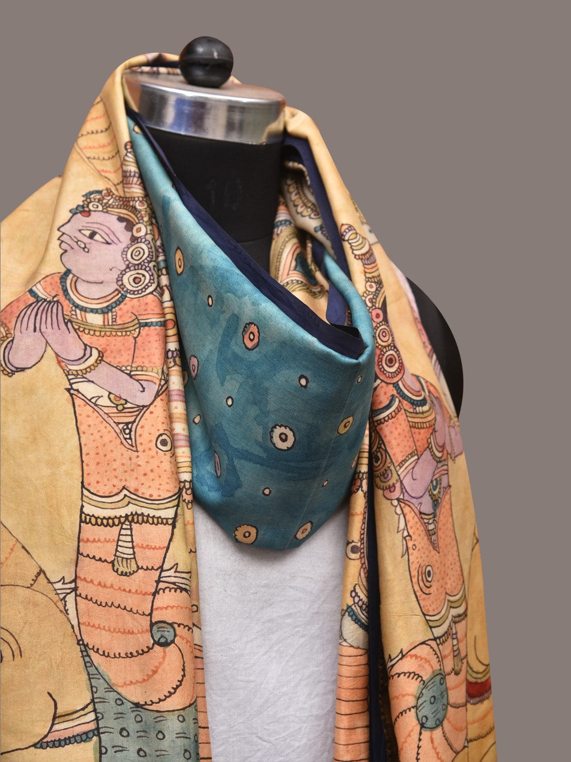 Multicolor Kalamkari Hand Painted Kanchipuram Silk Handloom Dupatta with Krishna Design ds3451