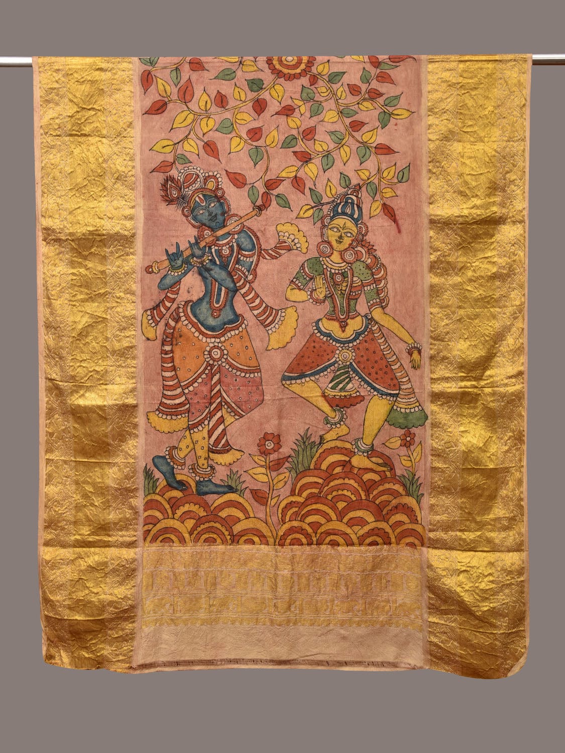 Multicolor Kalamkari Hand Painted Kanchipuram Silk Handloom Dupatta with Krishna Design ds3485