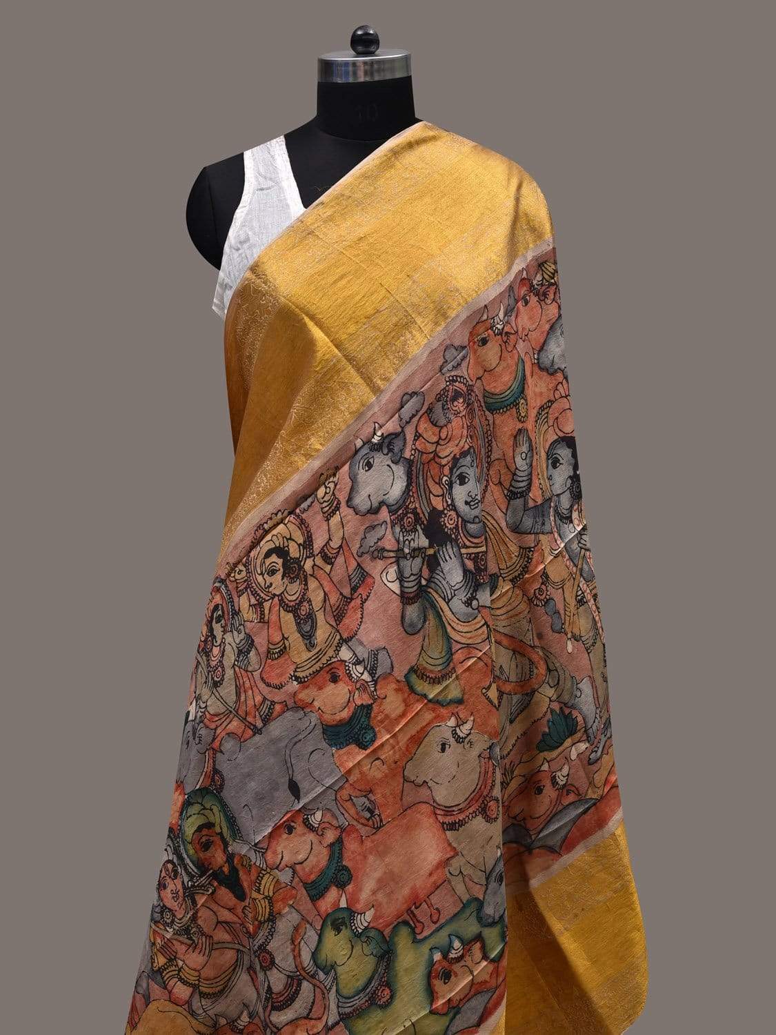 Multicolor Kalamkari Hand Painted Kanchipuram Silk Handloom Dupatta with Krishna Leela Design ds2444