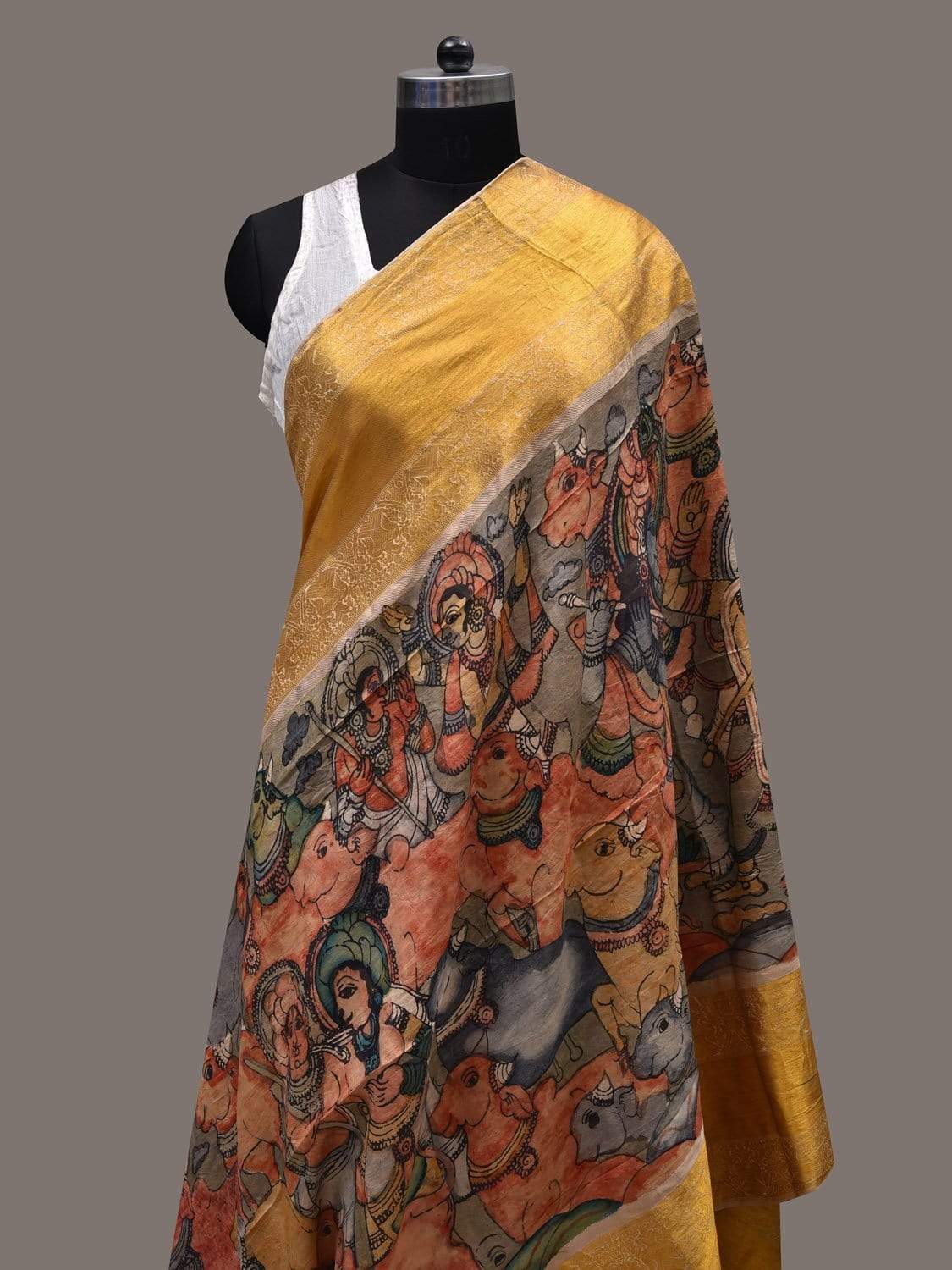 Multicolor Kalamkari Hand Painted Kanchipuram Silk Handloom Dupatta with Krishna Leela Design ds2446