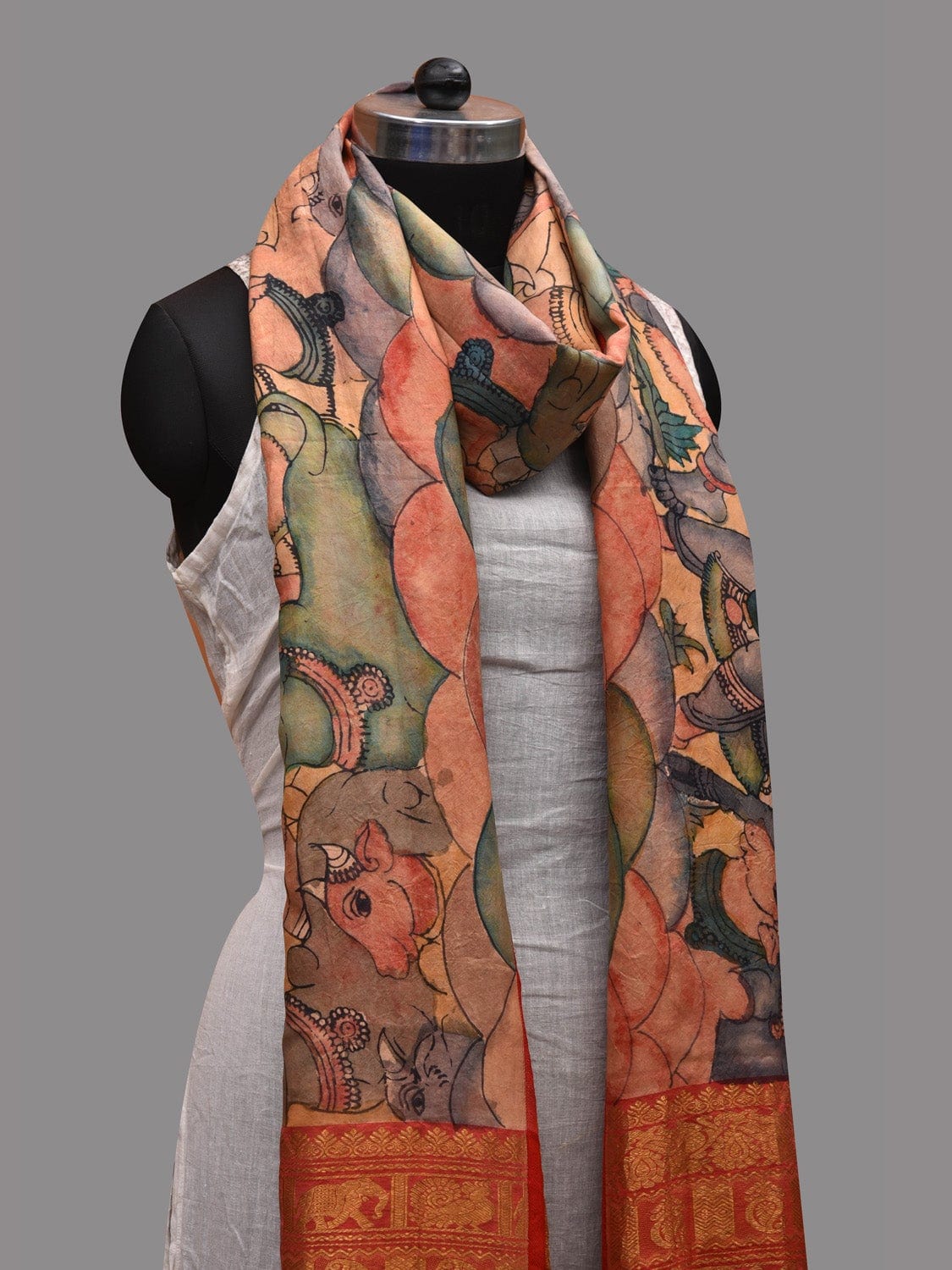 Multicolor Kalamkari Hand Painted Kanchipuram Silk Handloom Dupatta with Krishna Leela Design ds2619