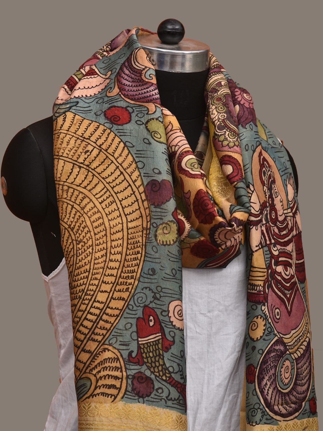 Multicolor Kalamkari Hand Painted Kanchipuram Silk Handloom Dupatta with Krishna on Snake Design ds3110