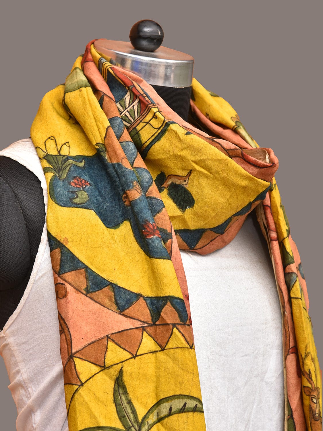 Multicolor Kalamkari Hand Painted Sico Dupatta with Village and Animals Design ds3252