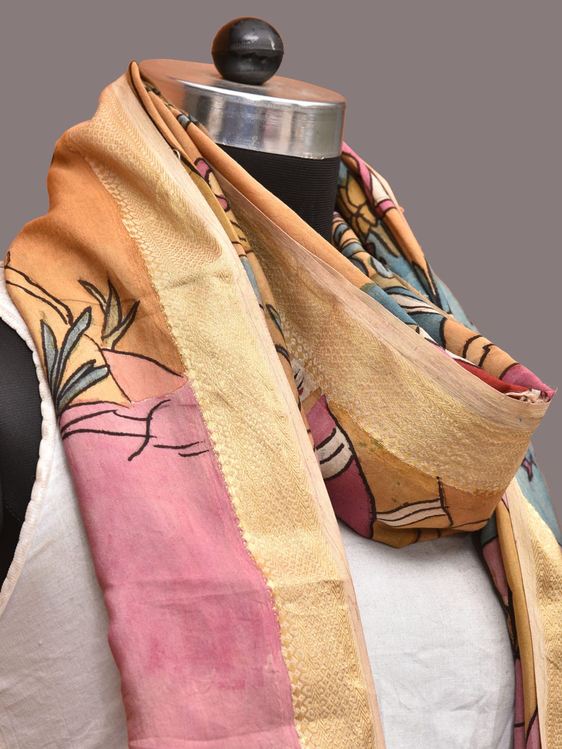 Multicolor Kalamkari Hand Painted Sico Dupatta with Village and Mountain Design ds3249