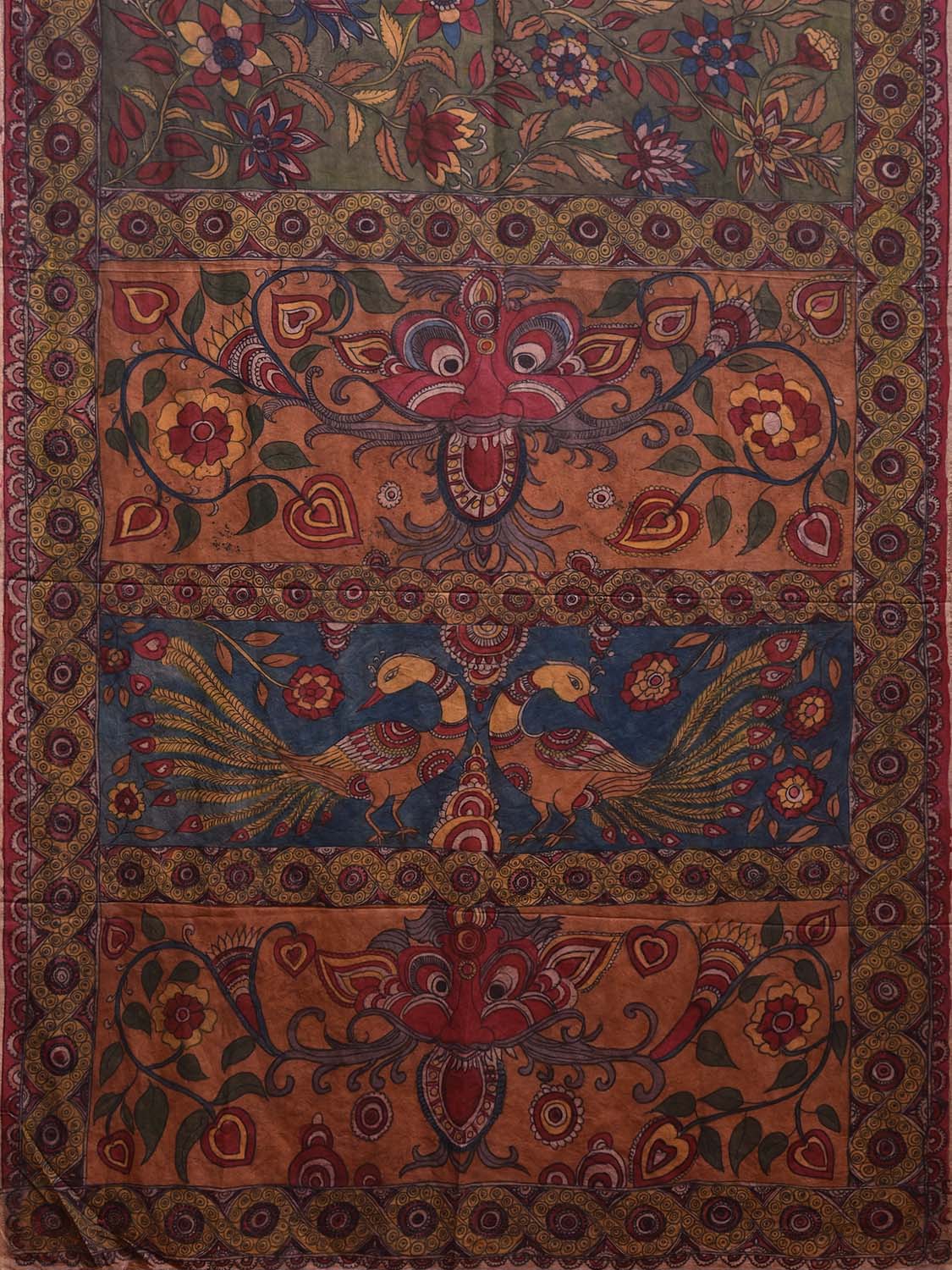 Multicolor Kalamkari Hand Painted Silk Handloom Saree with Floral and Peacocks Pallu Design kl0789