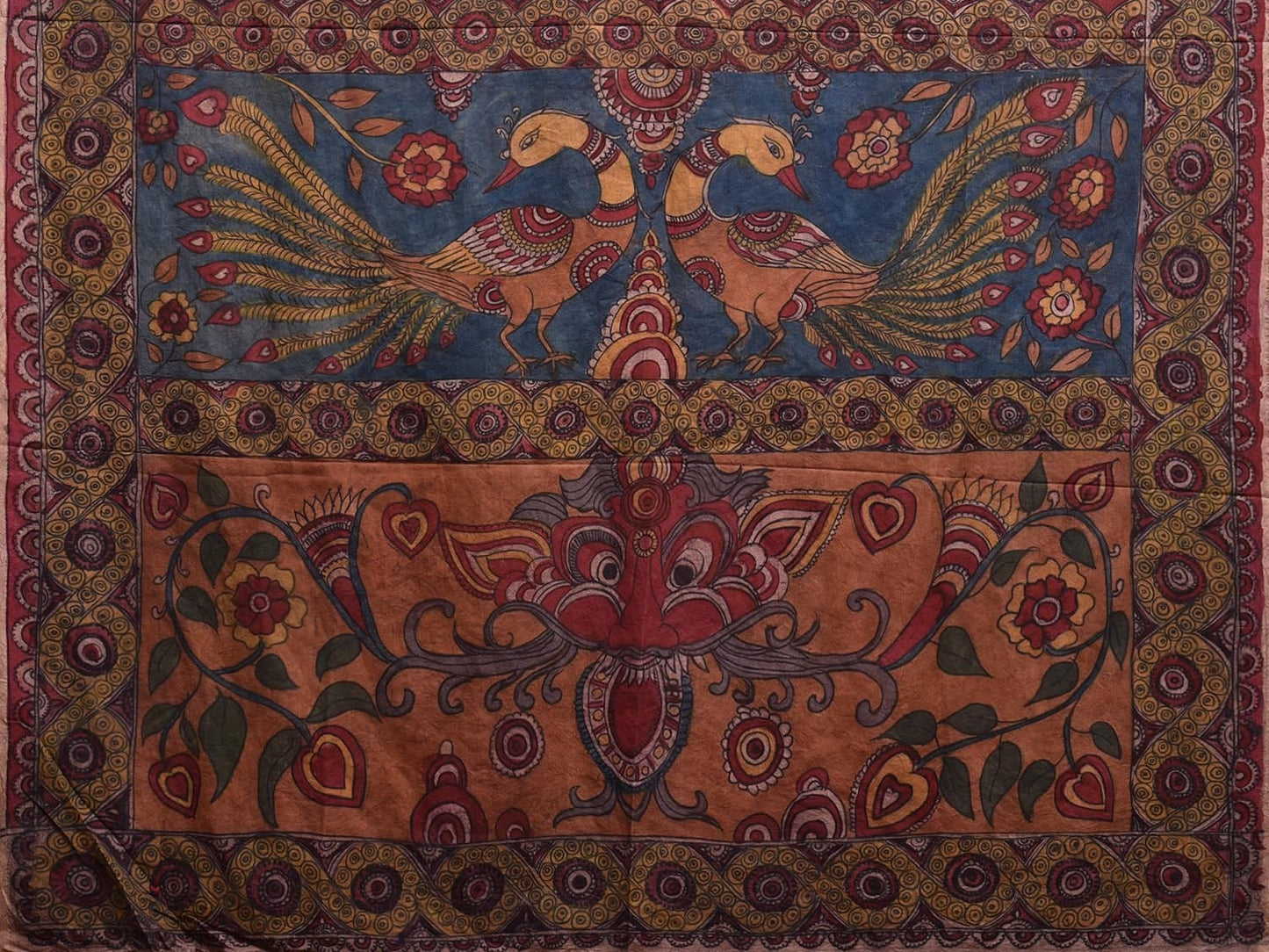 Multicolor Kalamkari Hand Painted Silk Handloom Saree with Floral and Peacocks Pallu Design kl0789