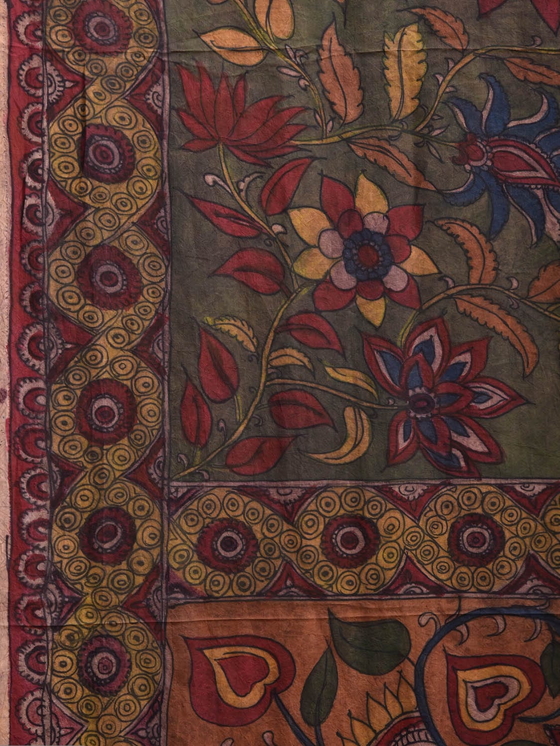Multicolor Kalamkari Hand Painted Silk Handloom Saree with Floral and Peacocks Pallu Design kl0789