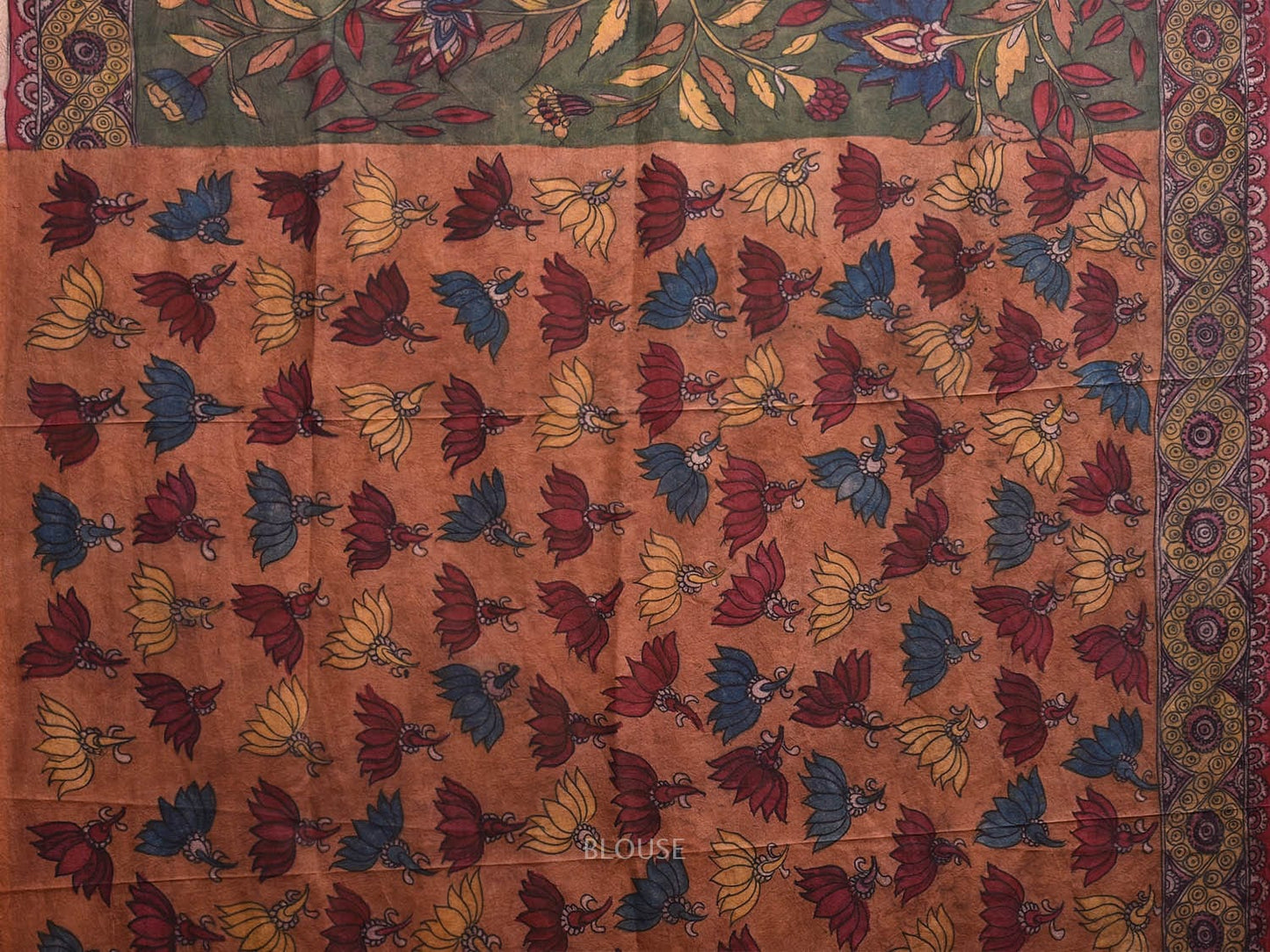 Multicolor Kalamkari Hand Painted Silk Handloom Saree with Floral and Peacocks Pallu Design kl0789