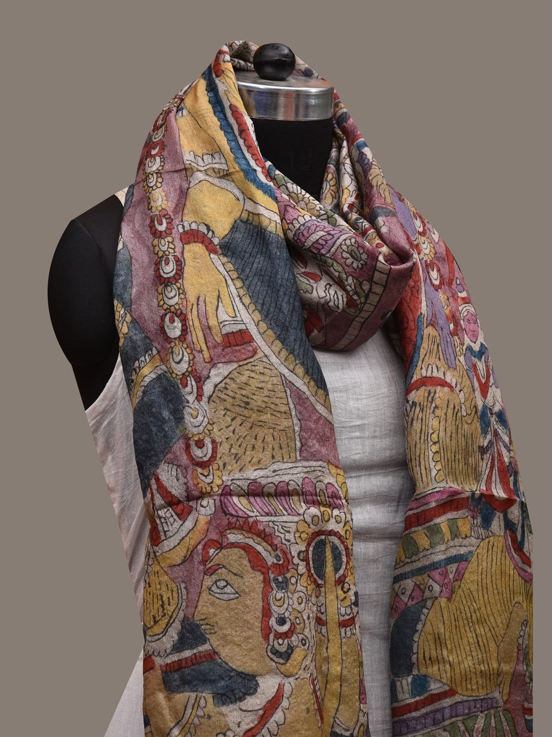 Multicolor Kalamkari Hand Painted Tussar Handloom Dupatta with Krishna Design ds2909