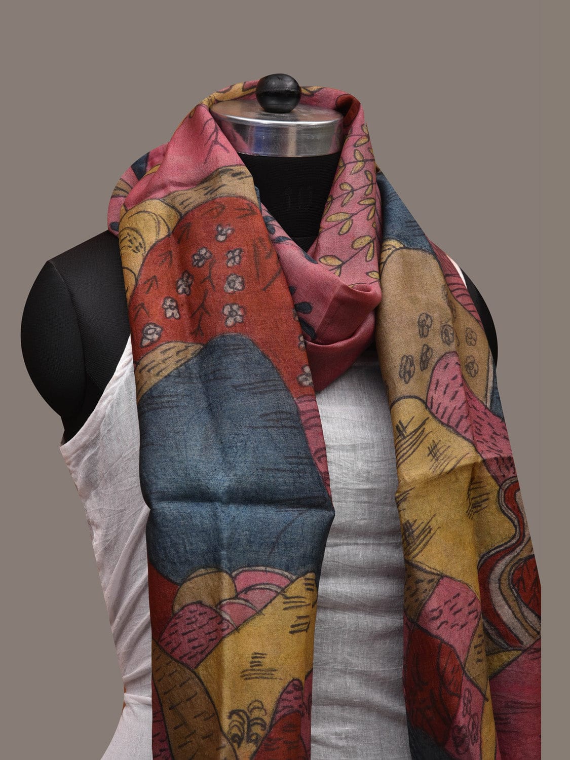 Multicolor Kalamkari Hand Painted Tussar Handloom Stole with Mountains Design ds2679