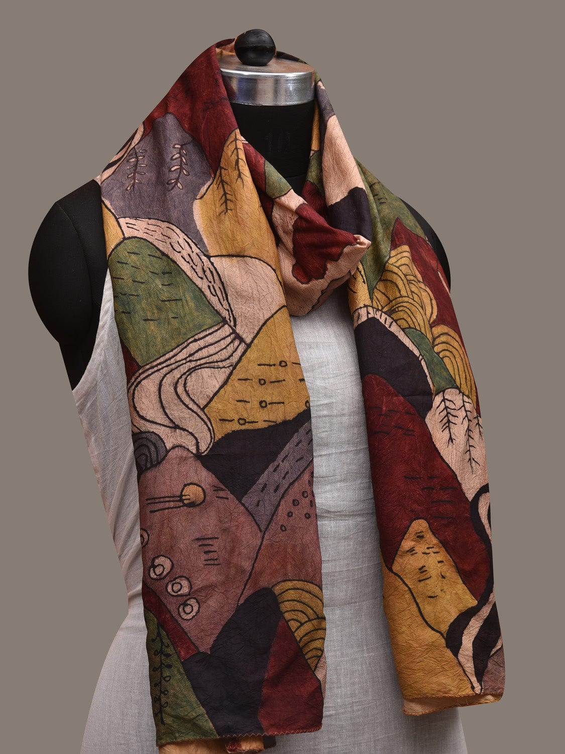 Multicolor Kalamkari Hand Painted Tussar Stole with Mountains Design ds2929