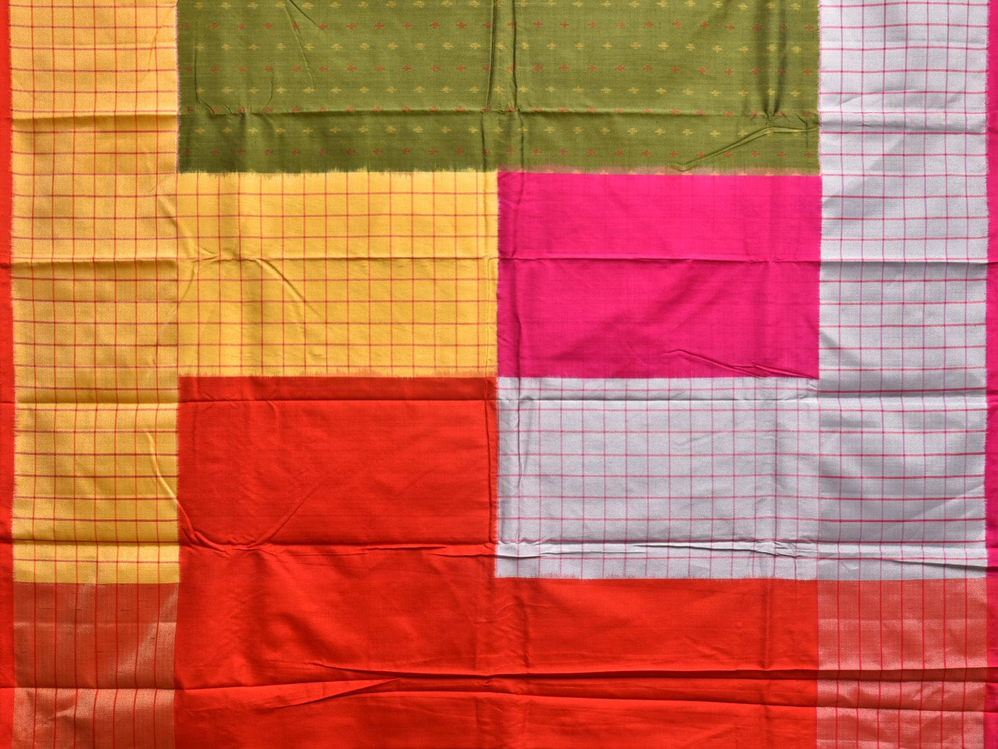 Multicolor Pochampally Ikat Silk Handloom Saree with Checks Border Design i0856