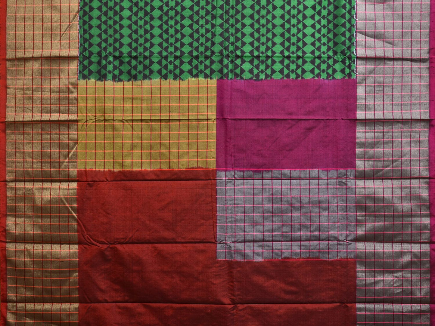 Multicolor Pochampally Ikat Silk Handloom Saree with Checks Border Design i0858