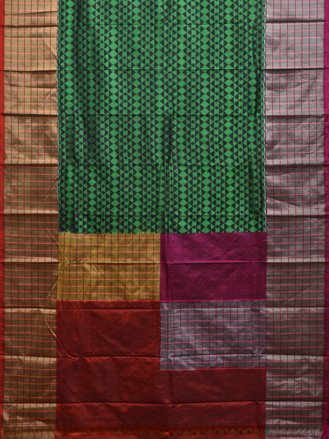 Multicolor Pochampally Ikat Silk Handloom Saree with Checks Border Design i0858