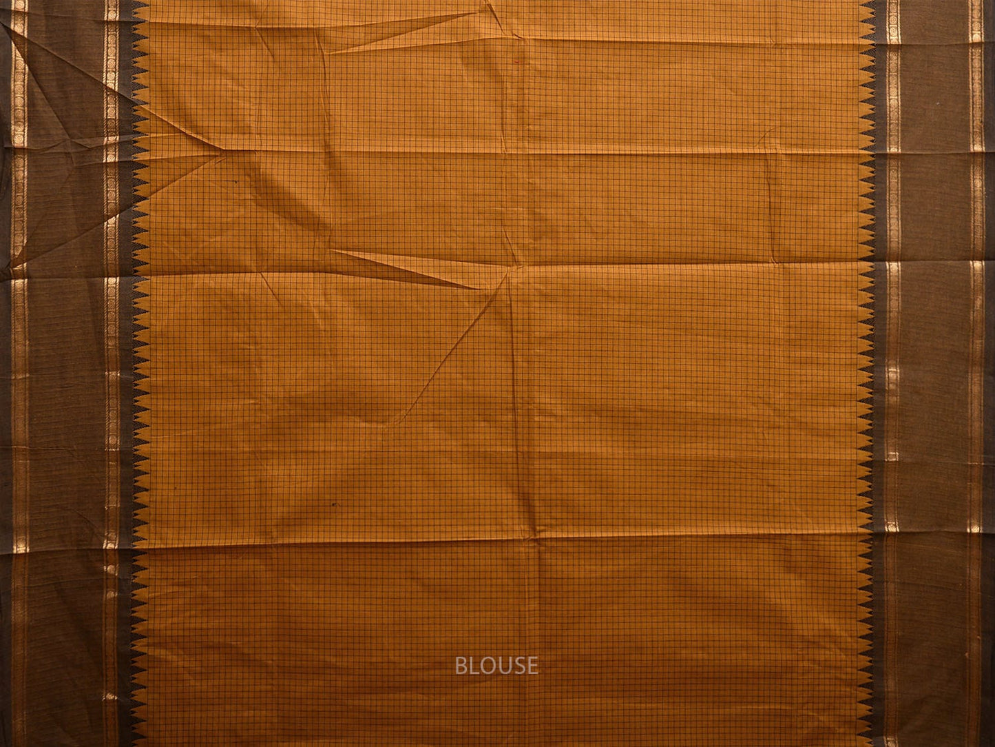 Mustard and Black Kanchipuram Cotton Saree with Checks and Strips Pallu Design k0750