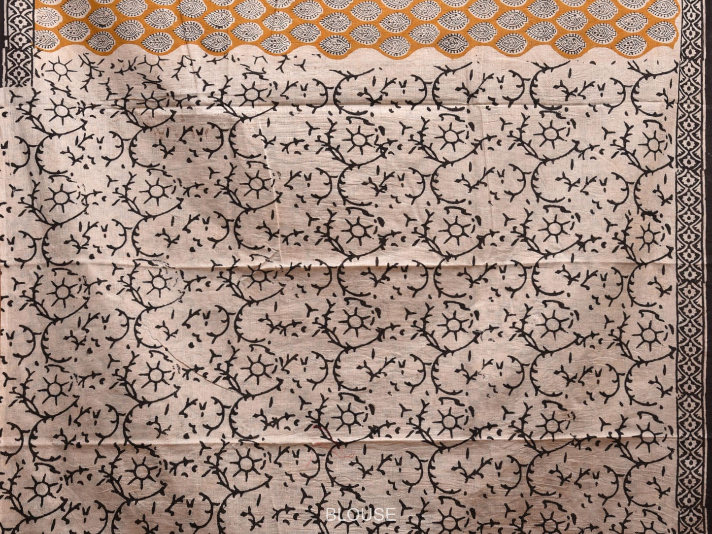 Mustard and Blue Block Print Cotton Saree with Body Buta and Floral Pallu Design o0540