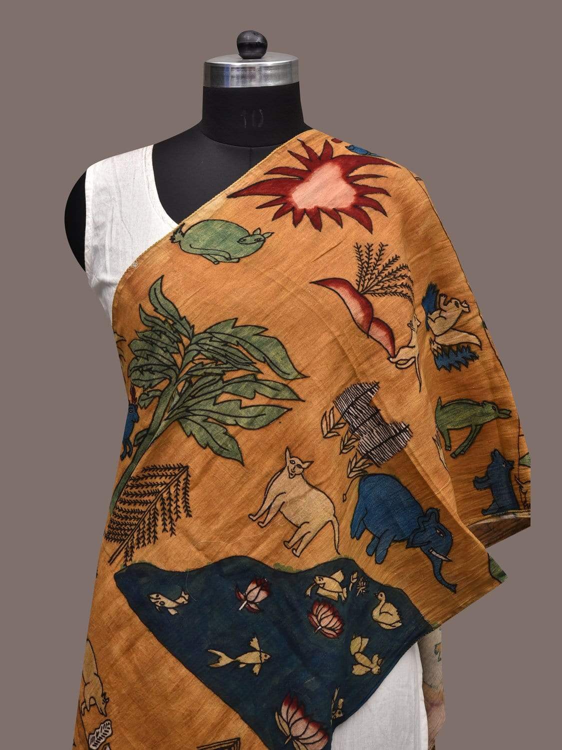 Mustard and Dark Blue Kalamkari Hand Painted Cotton Stole with Animals Design ds2315