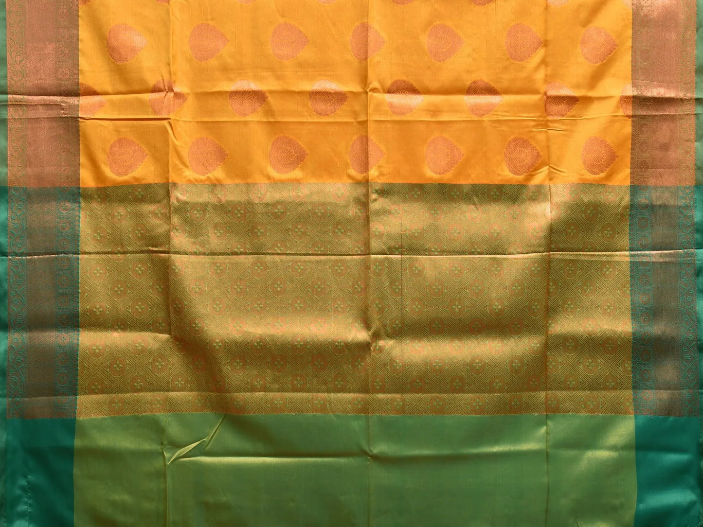 Mustard and Green Banaras Katan Silk Saree with Border and Body Butta Design b0055ds