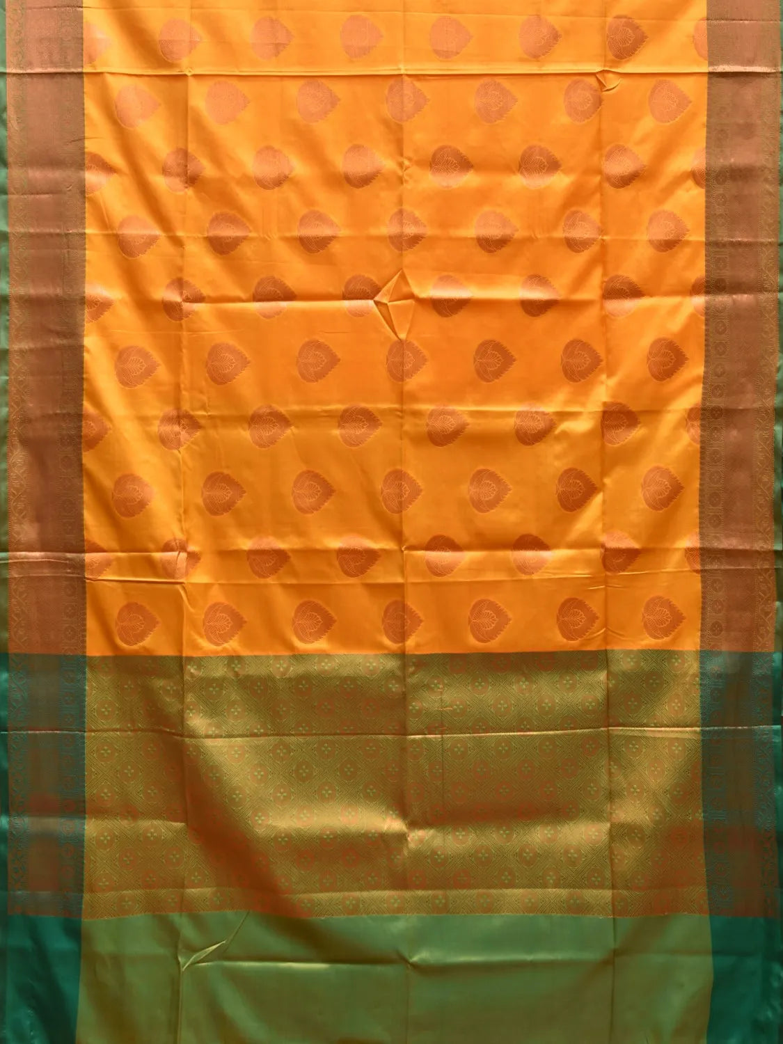 Mustard and Green Banaras Katan Silk Saree with Border and Body Butta Design b0055ds