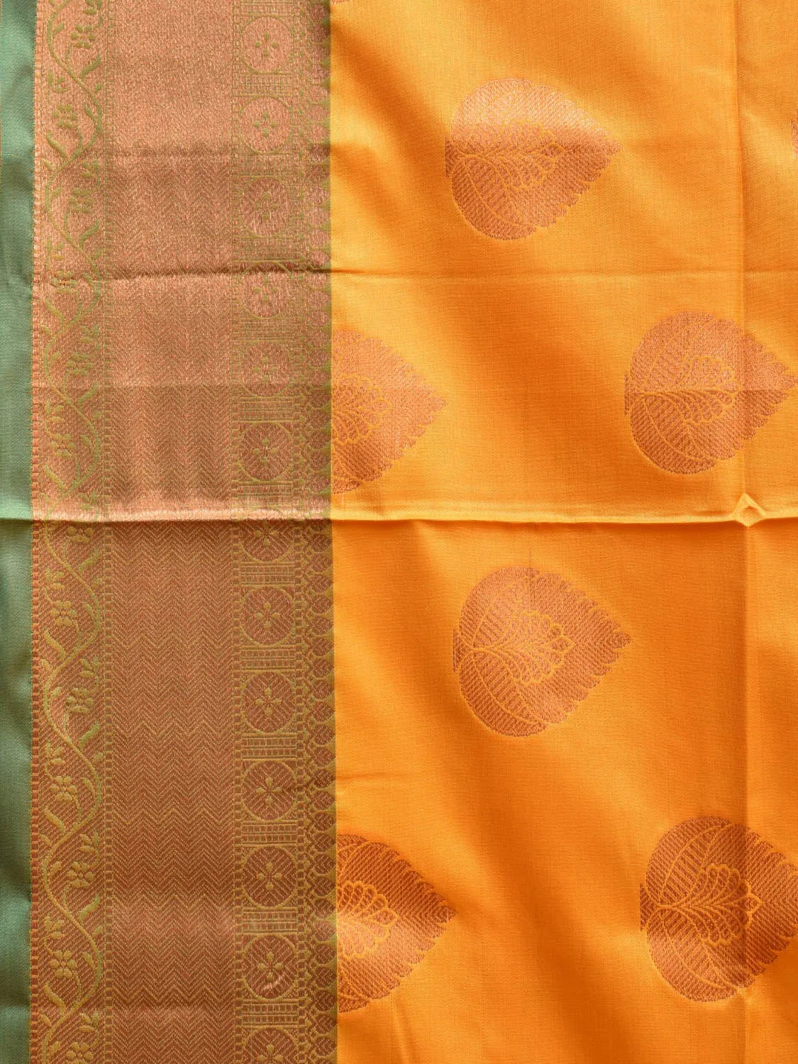 Mustard and Green Banaras Katan Silk Saree with Border and Body Butta Design b0055ds