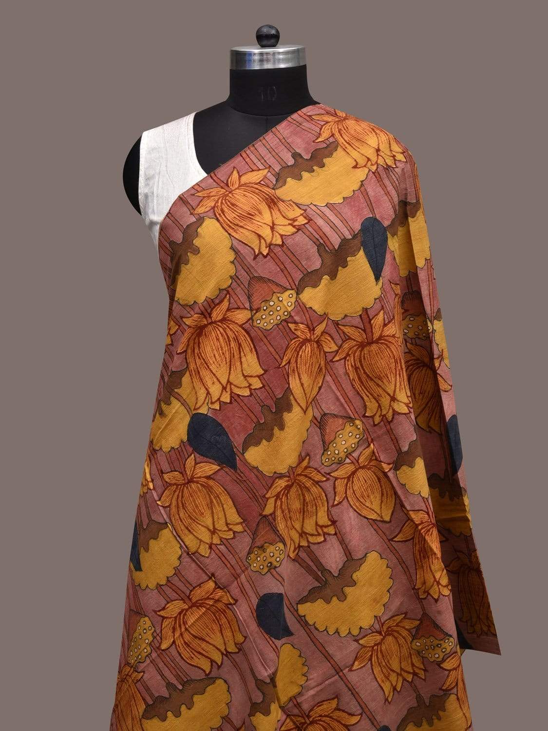 Mustard and Light pink Kalamkari Hand Painted Cotton Handloom Dupatta with Lotus Flowers Design ds2305