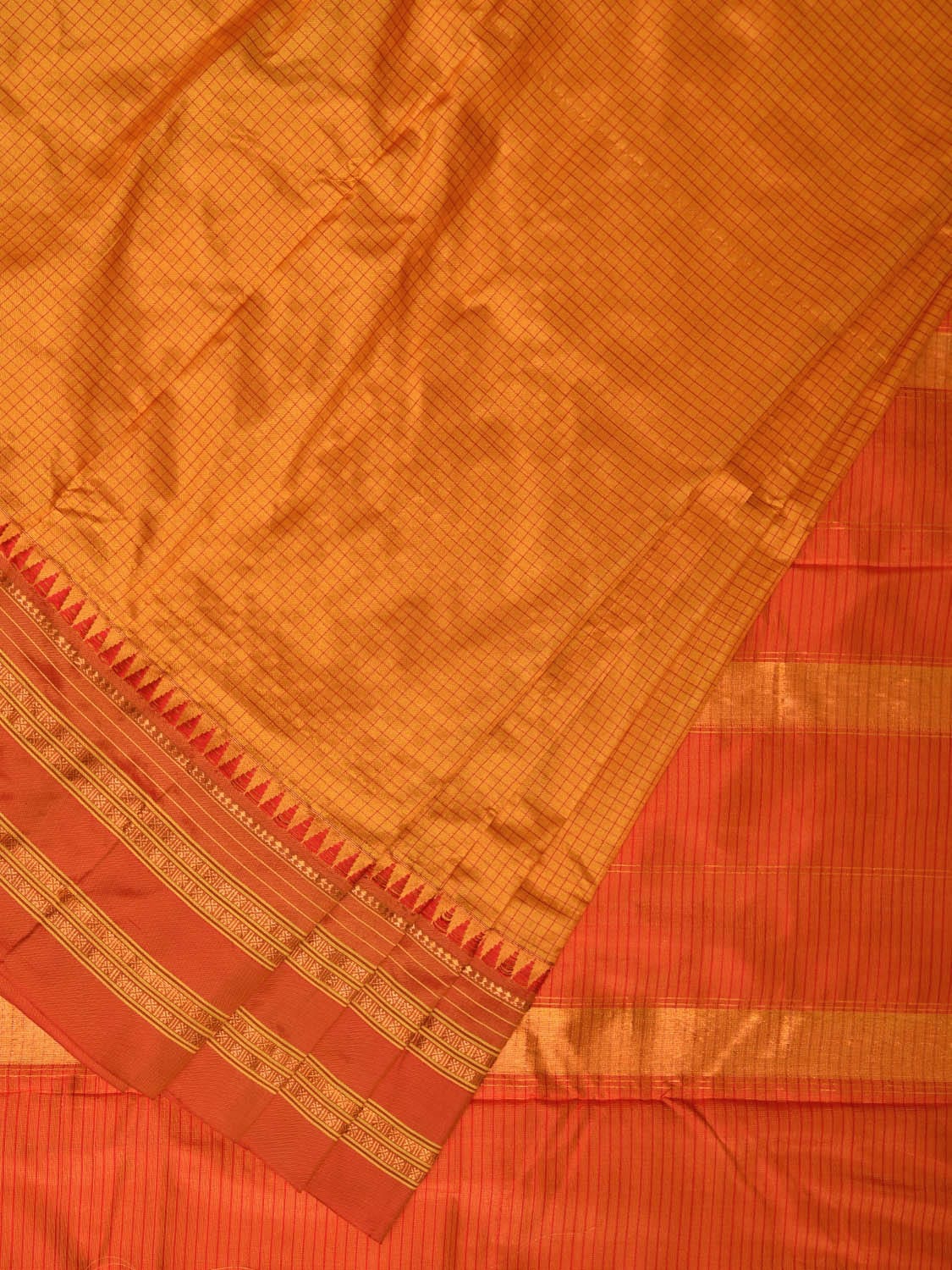 Mustard and Orange Narayanpet Silk Handloom Saree with Checks Design No Blouse np0678