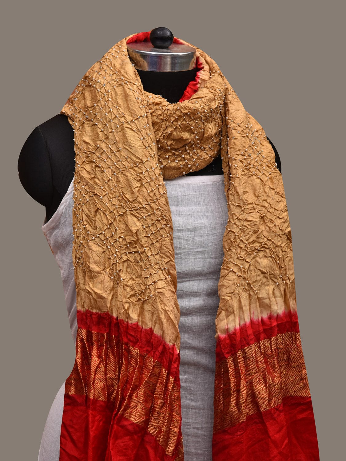 Mustard and Red Bandhani Kanchipuram Silk Handloom Dupatta with Border Design ds2692