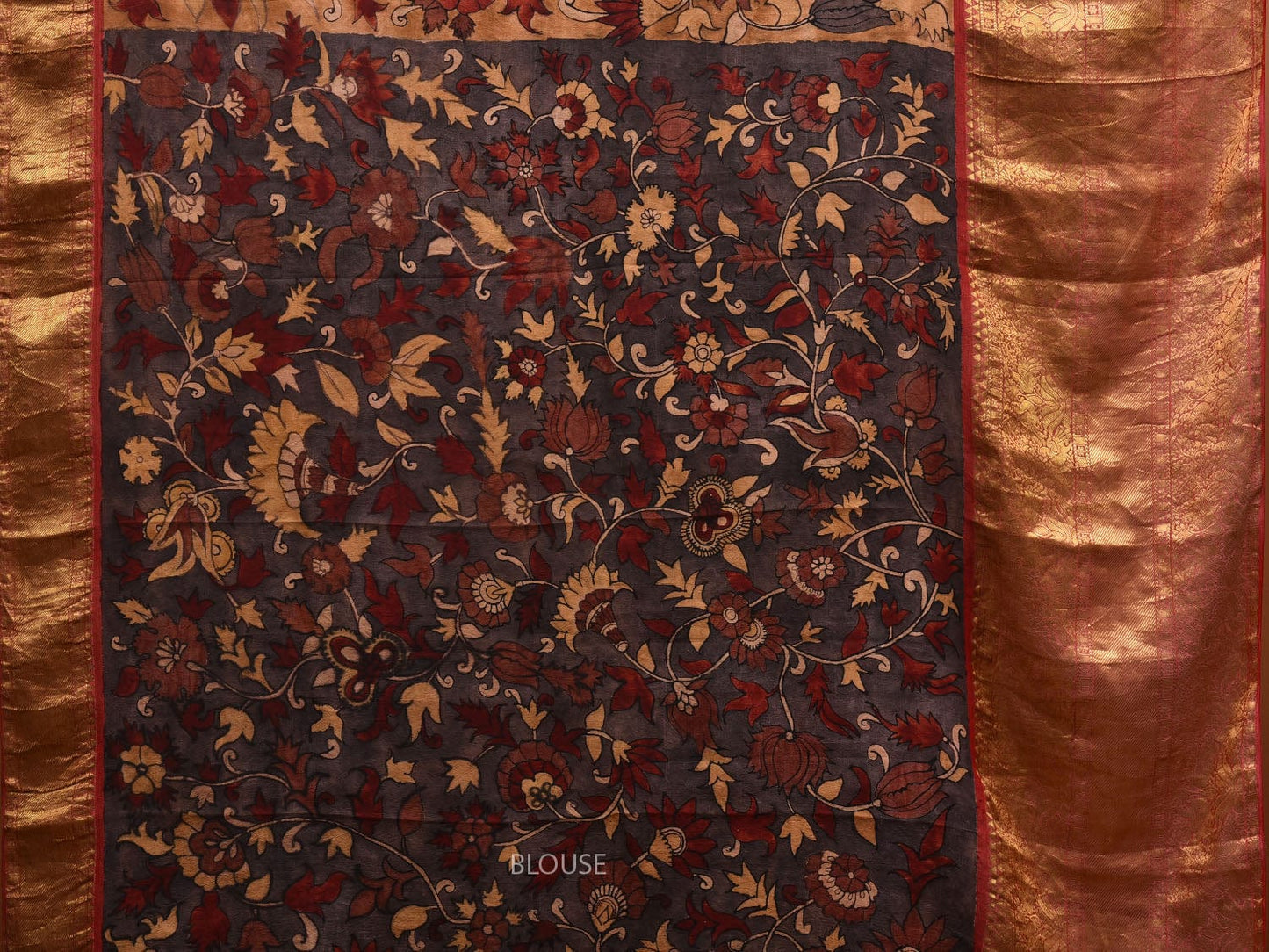 Mustard and Red Kalamkari Hand Painted Kanchipuram Silk Handloom Saree with Floral Design KL0602