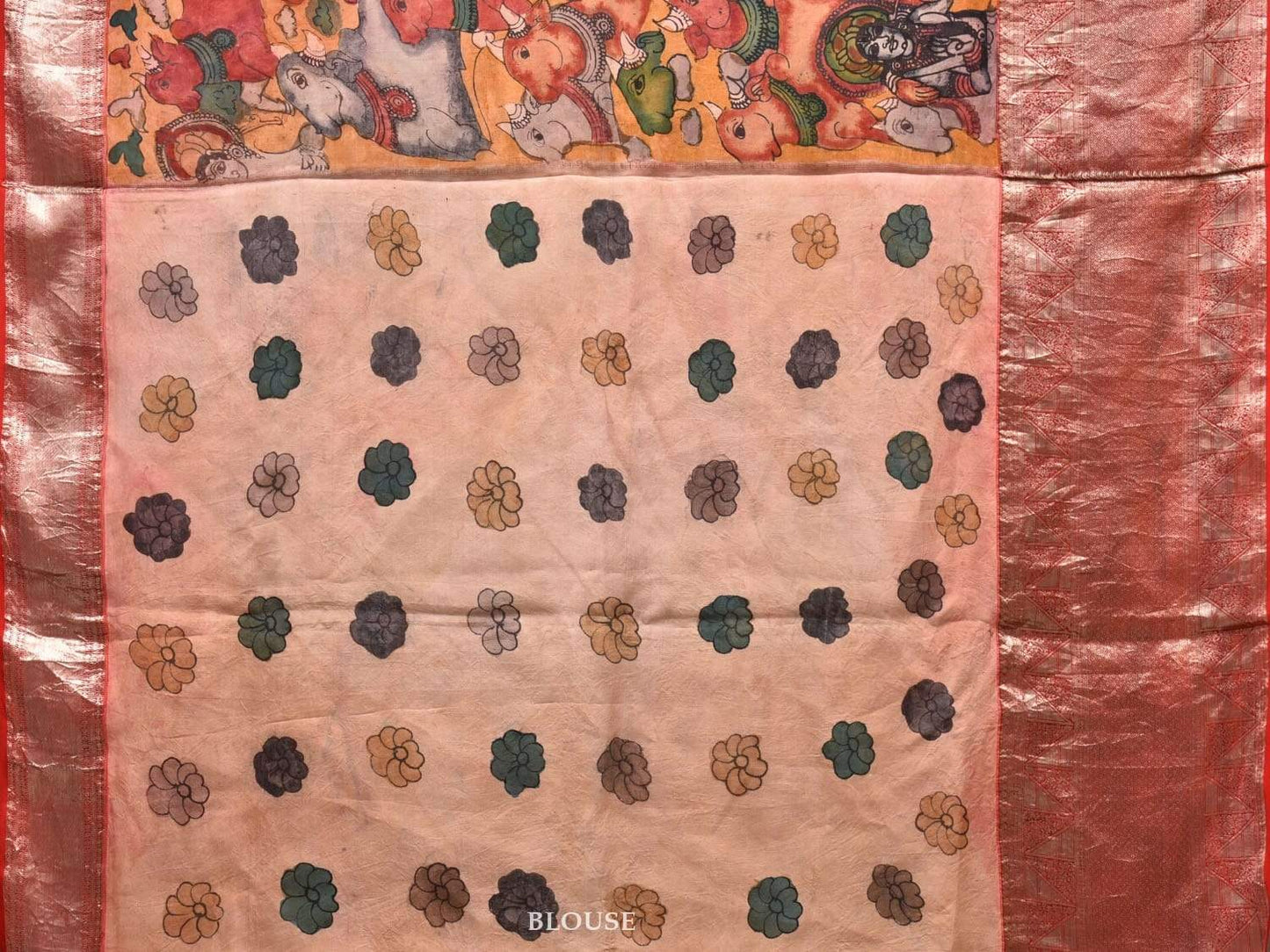 Mustard and Red Kalamkari Hand Painted Kanchipuram Silk Handloom Saree with Krishna Leela Design KL0500