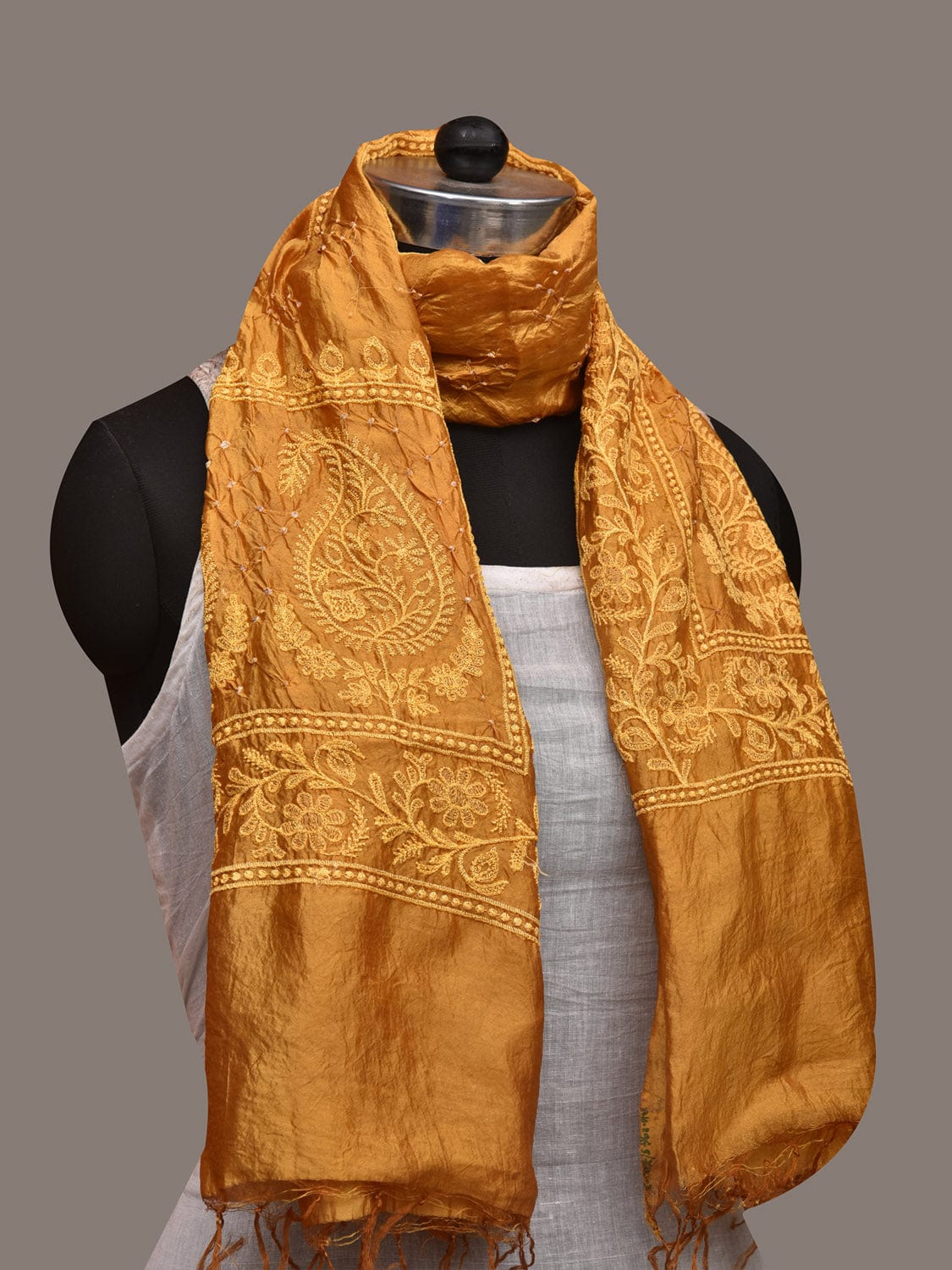 Mustard Bandhani Silk Handloom Stole with Mango Embroidary Design ds2966