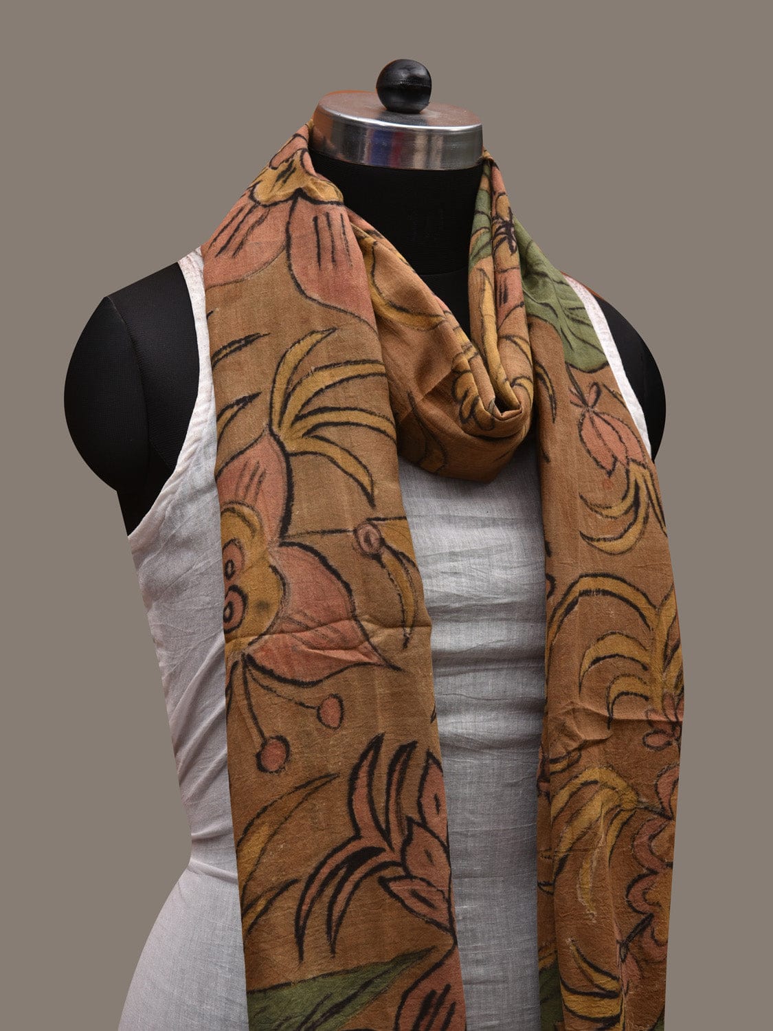 Mustard Kalamkari Hand Painted Cotton Handloom Stole with Big Flower Design ds2738