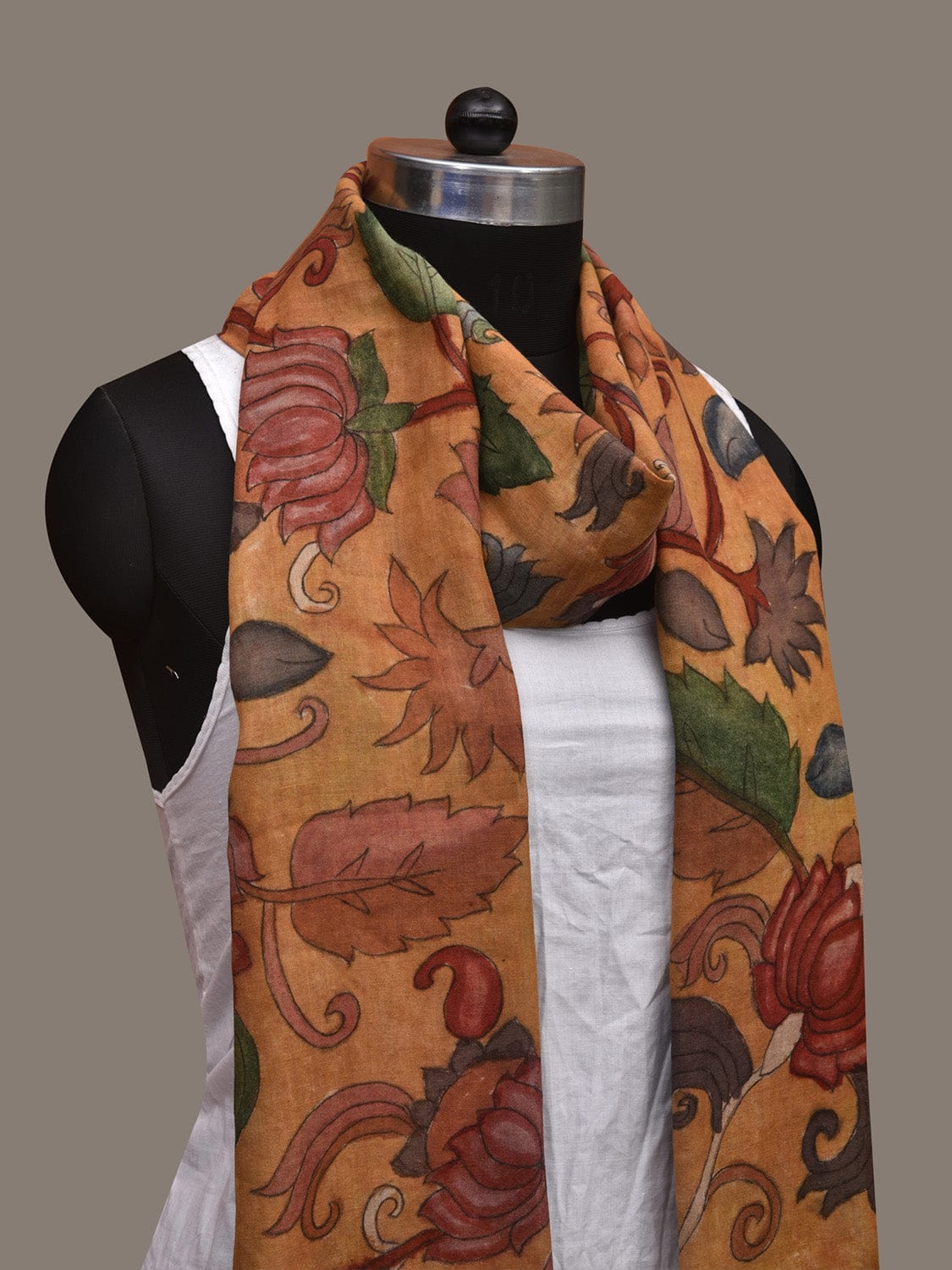 Mustard Kalamkari Hand Painted Cotton Handloom Stole with Lotus Flowers Design ds3051