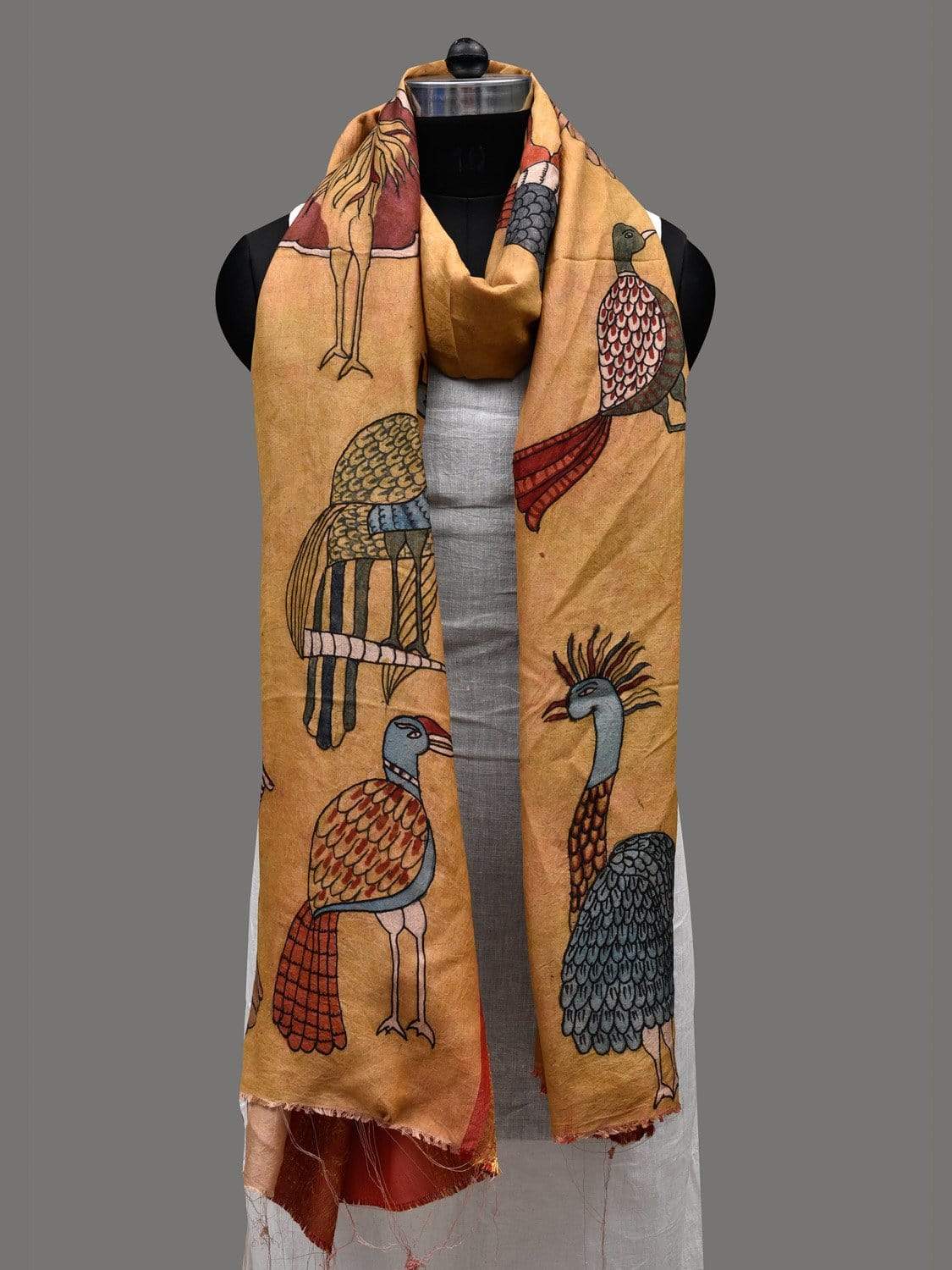 Mustard Kalamkari Hand Painted Kanchipuram Silk Handloom Dupatta with Birds Design ds2402