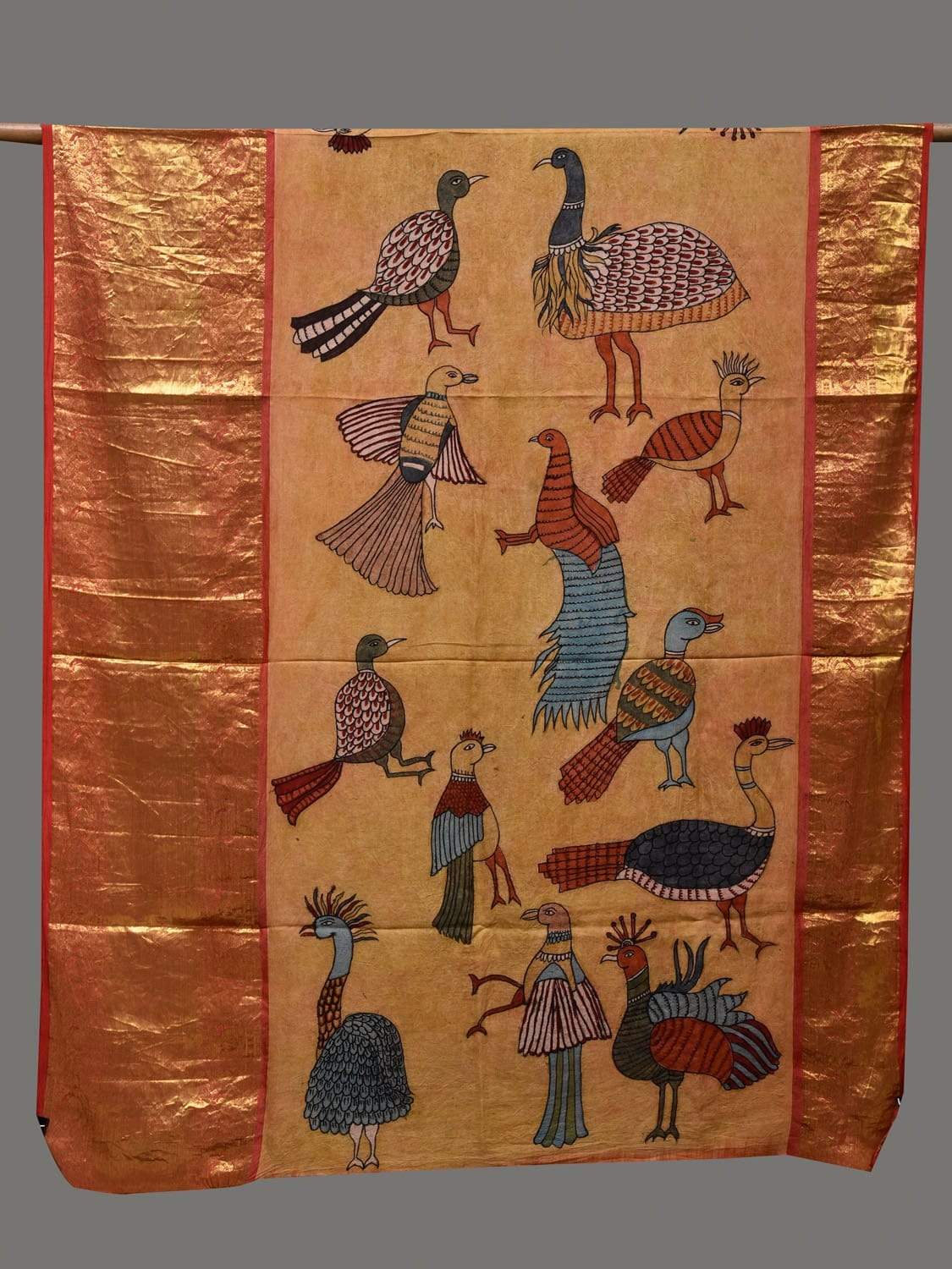 Mustard Kalamkari Hand Painted Kanchipuram Silk Handloom Dupatta with Birds Design ds2402