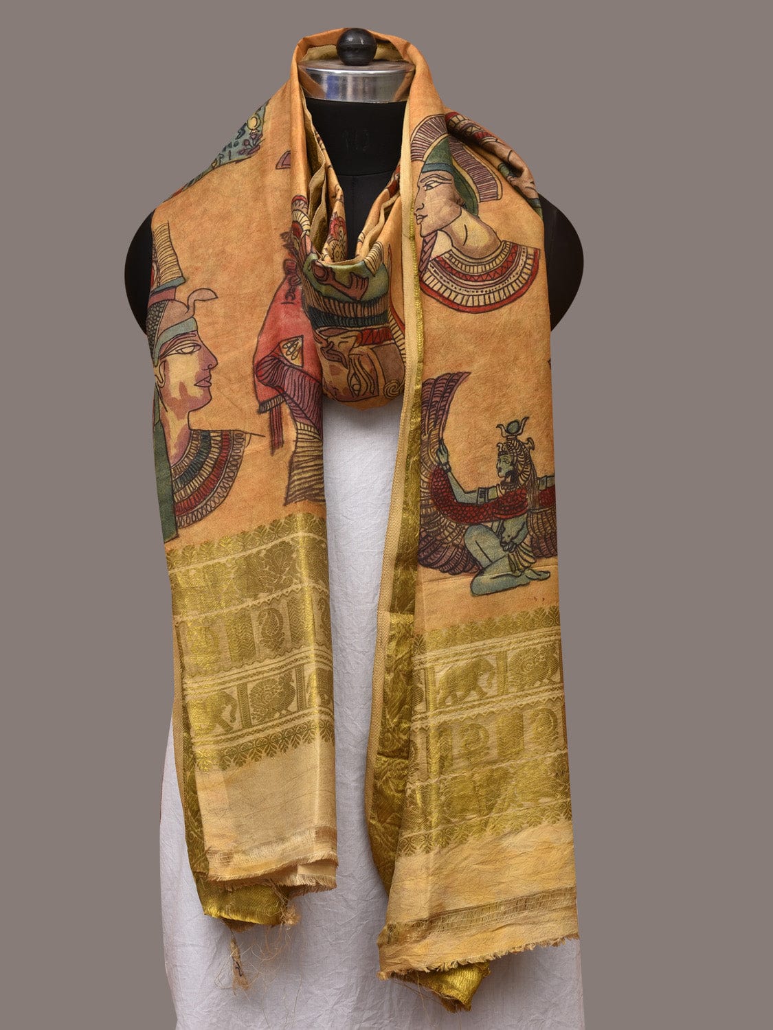 Mustard Kalamkari Hand Painted Kanchipuram Silk Handloom Dupatta with Egyptian Design ds3424