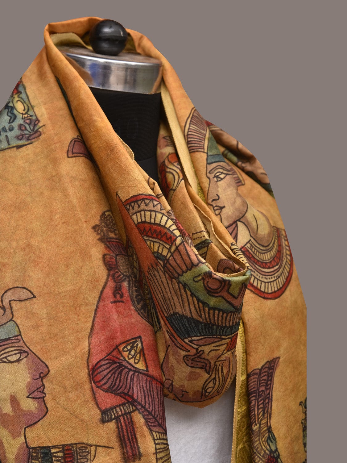 Mustard Kalamkari Hand Painted Kanchipuram Silk Handloom Dupatta with Egyptian Design ds3424
