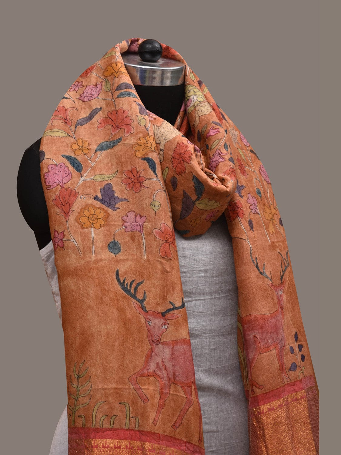 Mustard Kalamkari Hand Painted Kanchipuram Silk Handloom Dupatta with Floral and Deers Design ds2783
