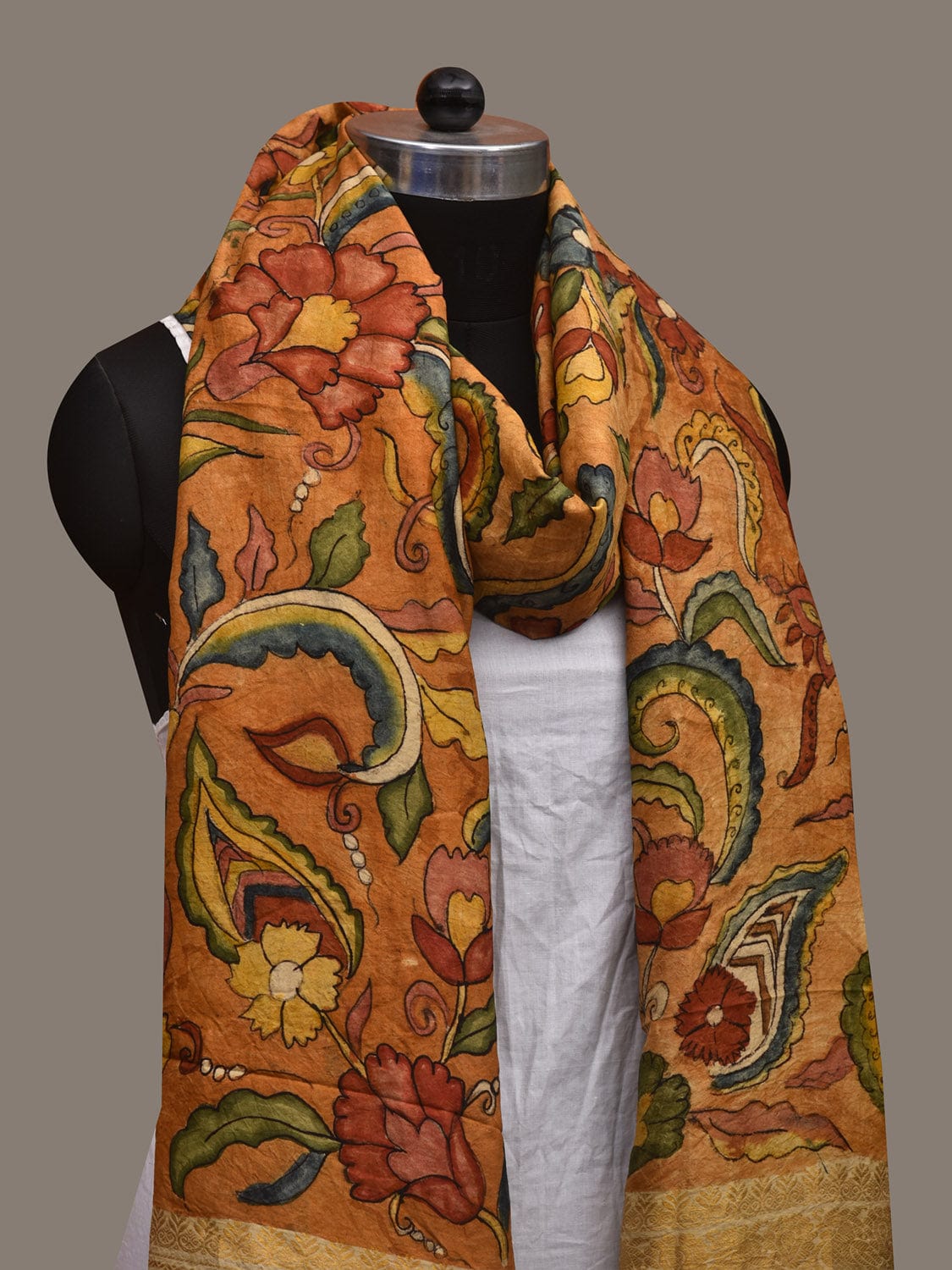 Mustard Kalamkari Hand Painted Kanchipuram Silk Handloom Dupatta with Floral Design ds3091