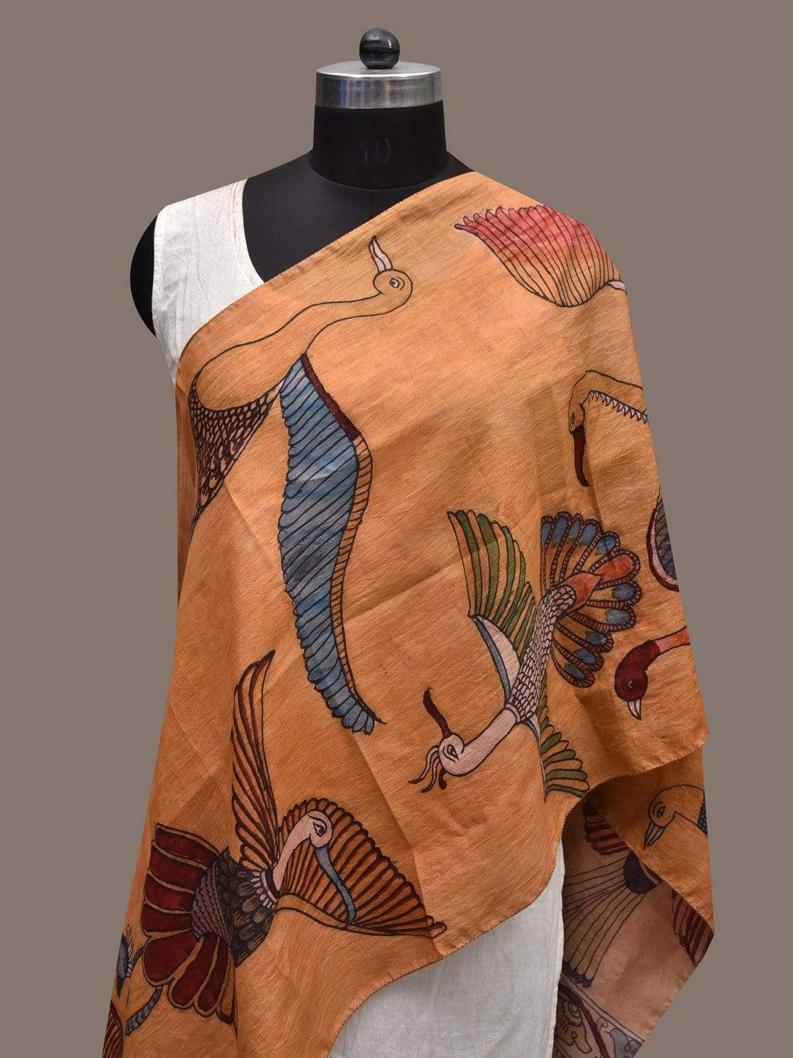 Mustard Kalamkari Hand Painted Silk Handloom Stole with Birds Design ds2340