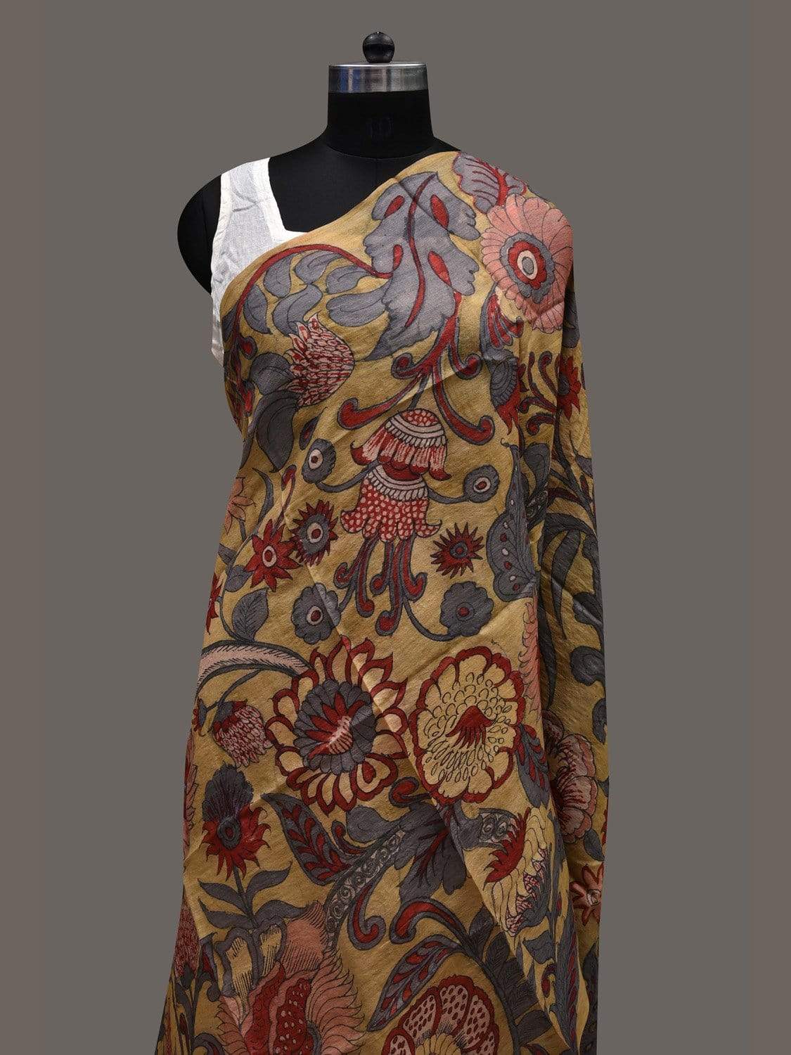 Mustard Kalamkari Hand Painted Tussar Handloom Dupatta with Floral Design ds2389