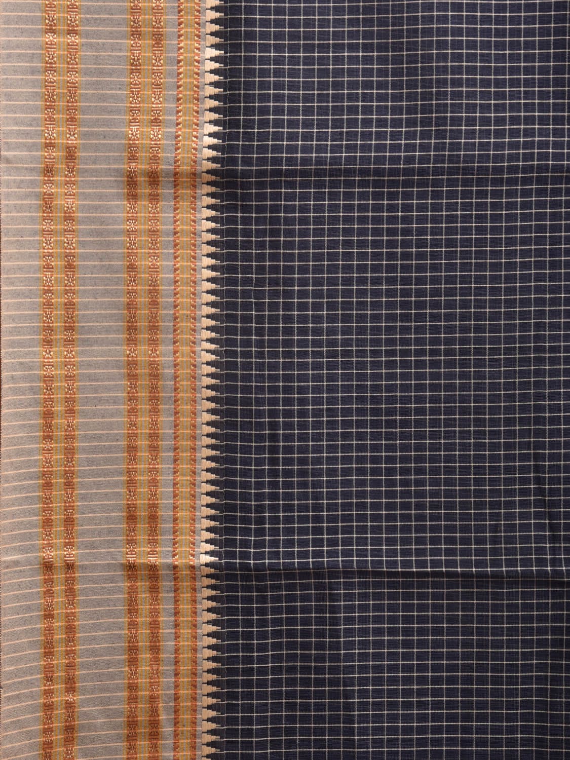 Navy and Cream Bamboo Cotton Saree with Checks Design No Blouse bc0333