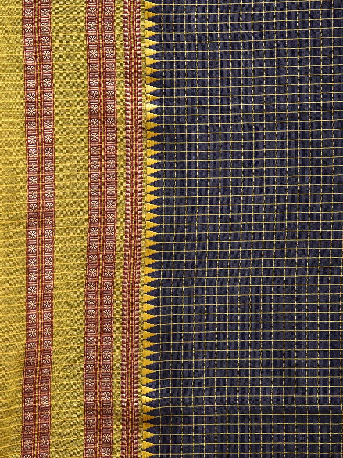 Navy and Green Bamboo Cotton Saree with Checks Design No Blouse bc0763