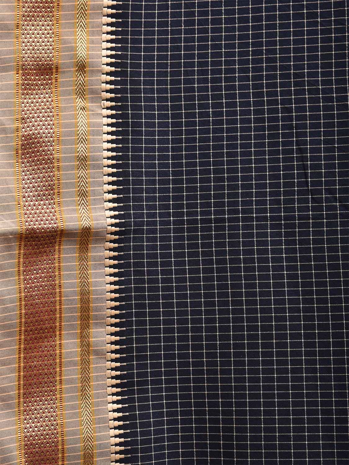 Navy and Light Grey Bamboo Cotton Viscose Silk Saree with Checks and Contrast Pallu Design No Blouse bc0580
