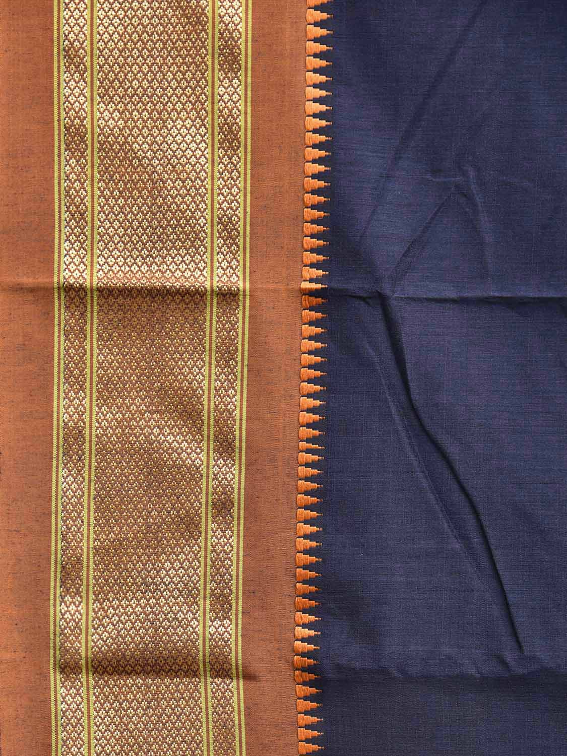 Navy and Mustard Bamboo Cotton Plain Saree with Contrast Pallu Design No Blouse bc0783