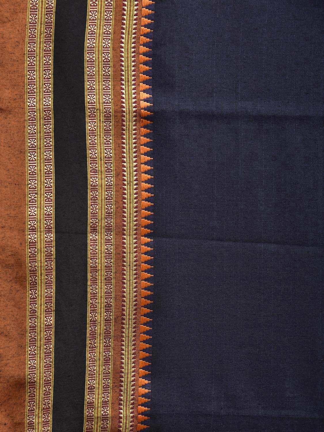 Navy and Mustard Bamboo Cotton Plain Saree with Strips Pallu Design No Blouse bc0786