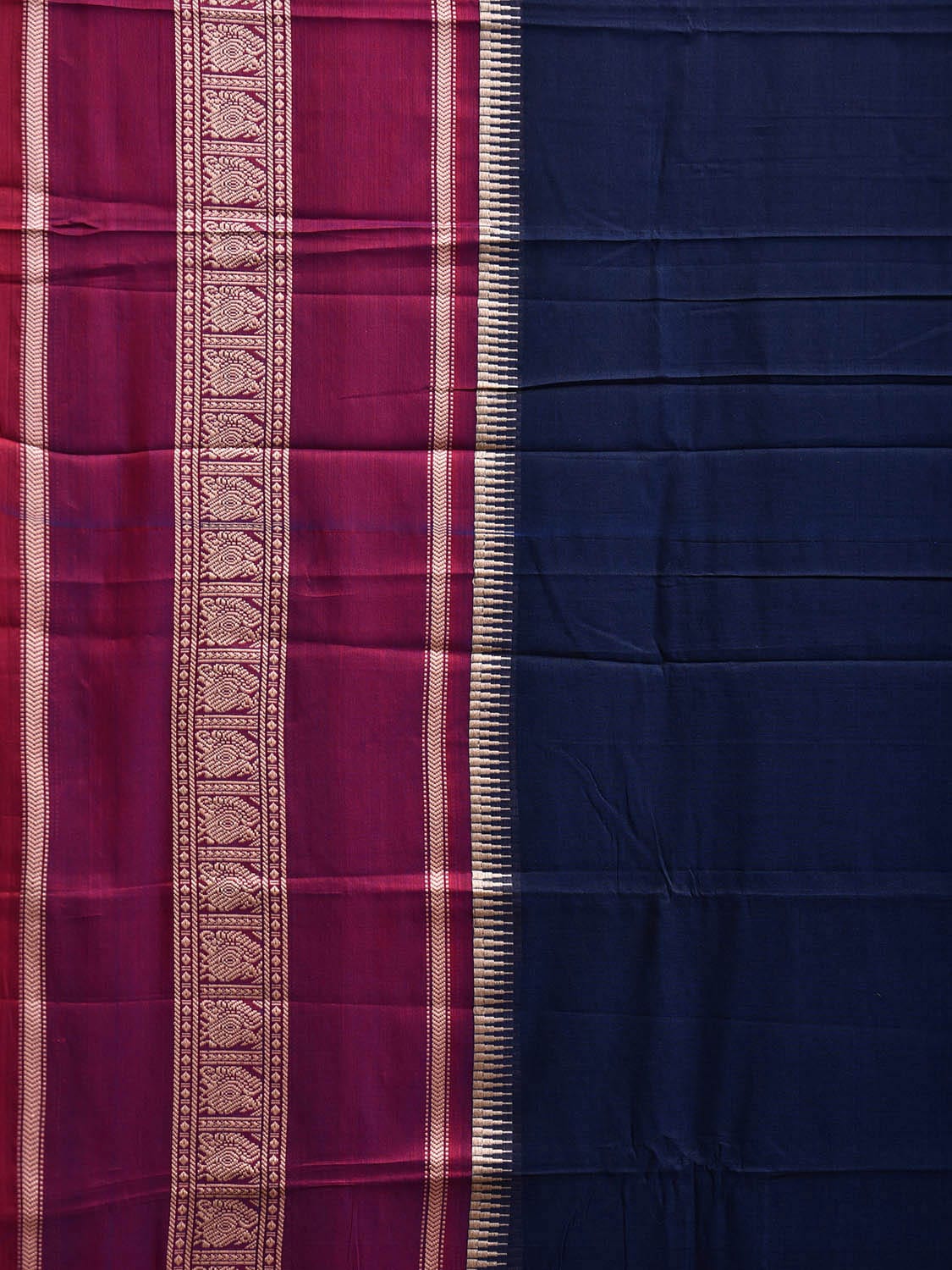 Navy and Pink Kanchipuram Cotton Saree with Strips Pallu and Big Border Design No Blouse k0805