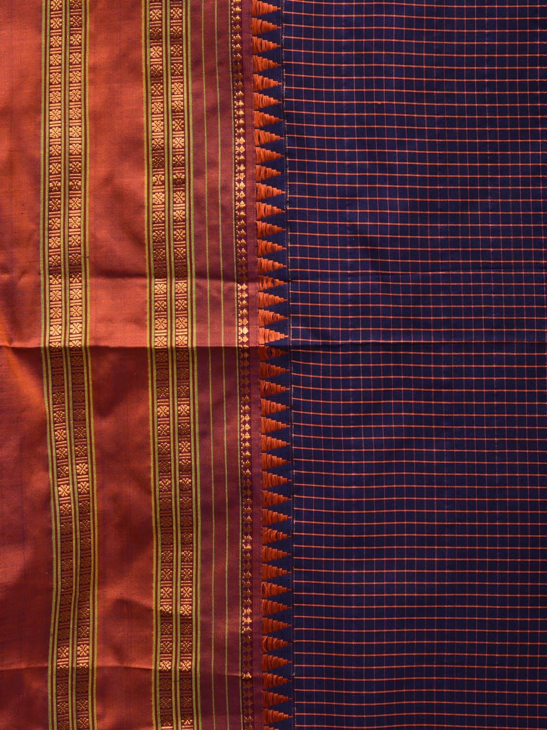 Navy and Rust Narayanpet Silk Handloom Saree with Checks Design No Blouse np0648