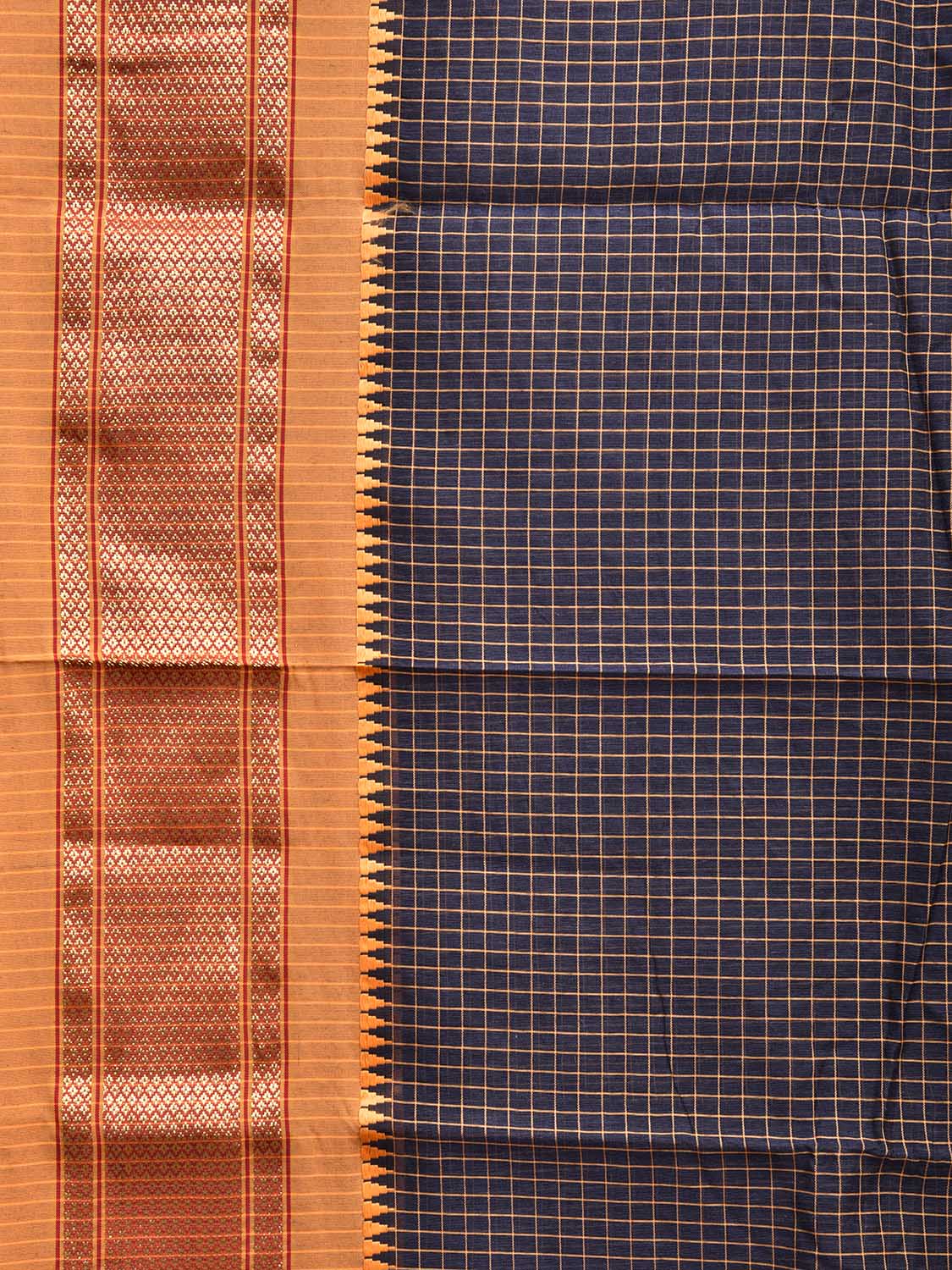 Navy Blue and Mustard Bamboo Cotton Saree with Checks Design and Narali Border No Blouse bc0557