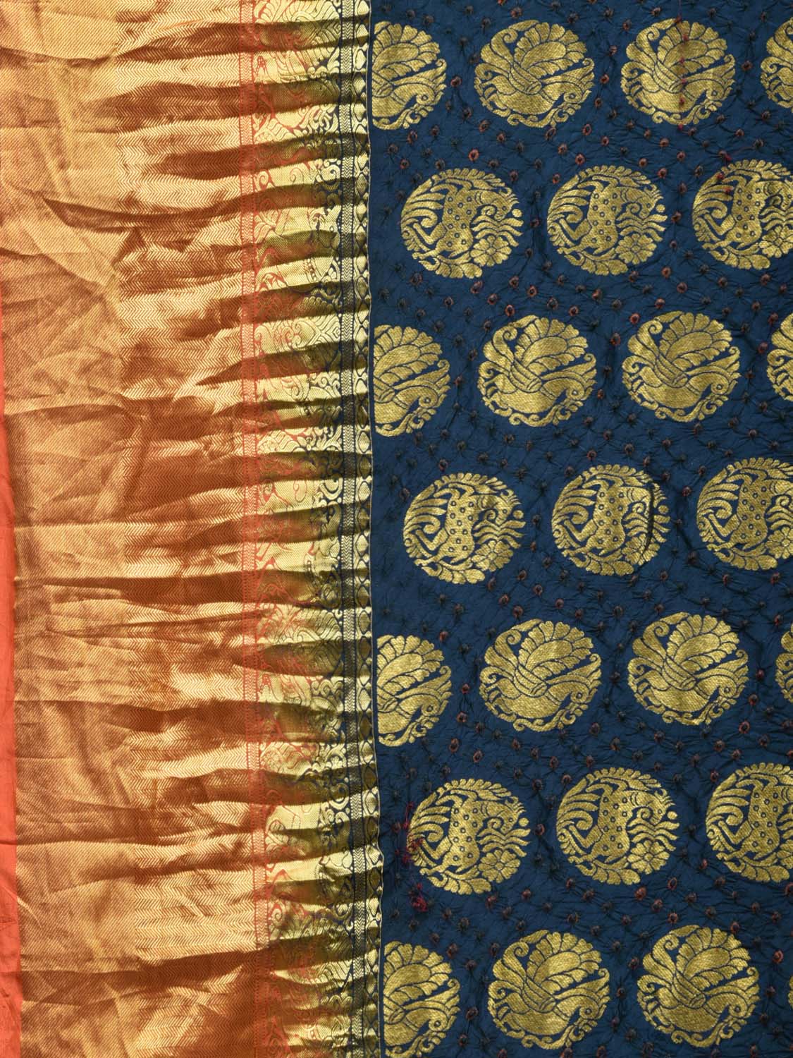 Navy Blue Bandhani Kanchipuram Silk Handloom Saree with Shikari and Peacock Buta Design bn0250