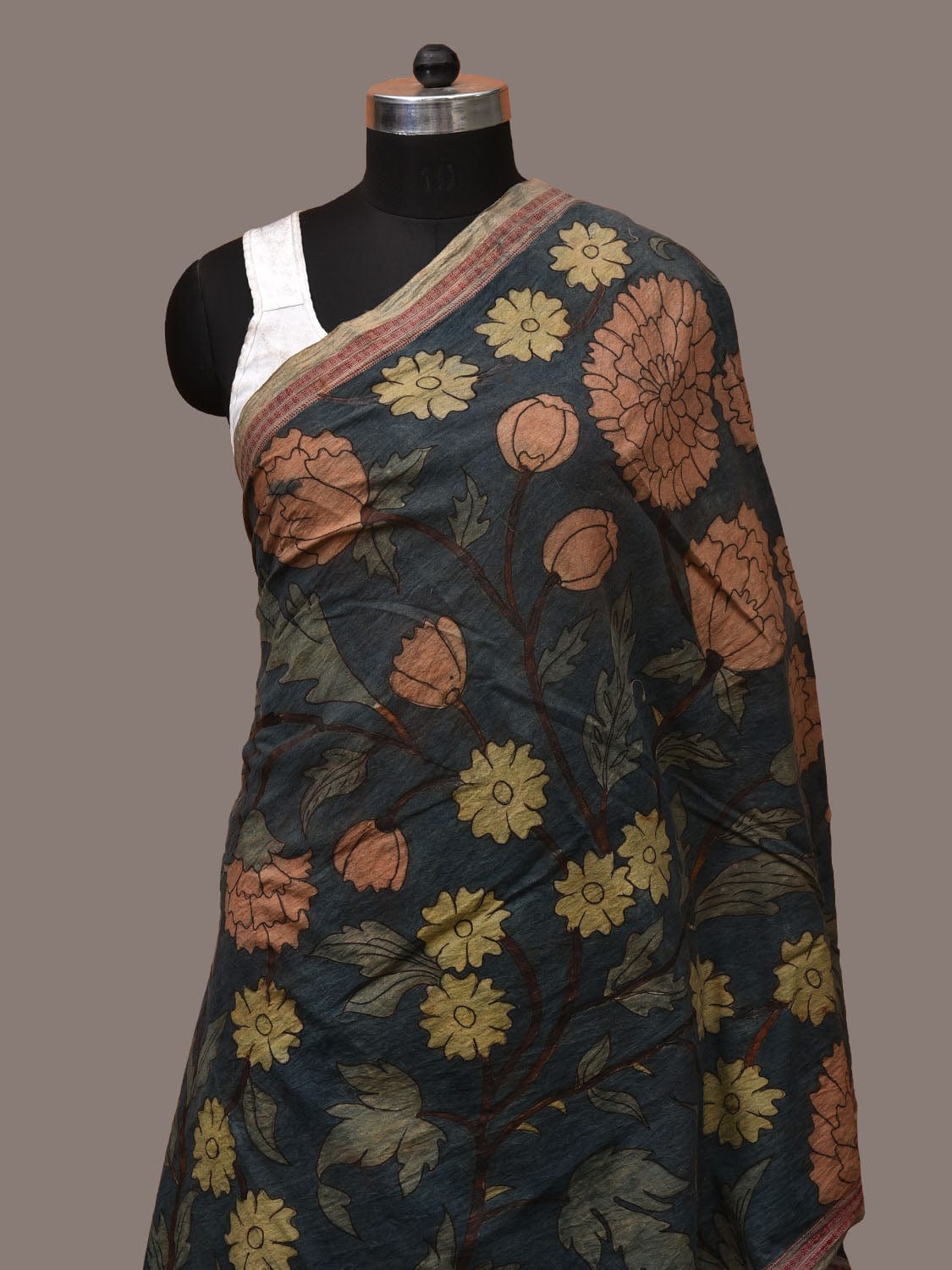 Navy Kalamkari Hand Painted Cotton Handloom Dupatta with Floral and Doby Border Design ds3167